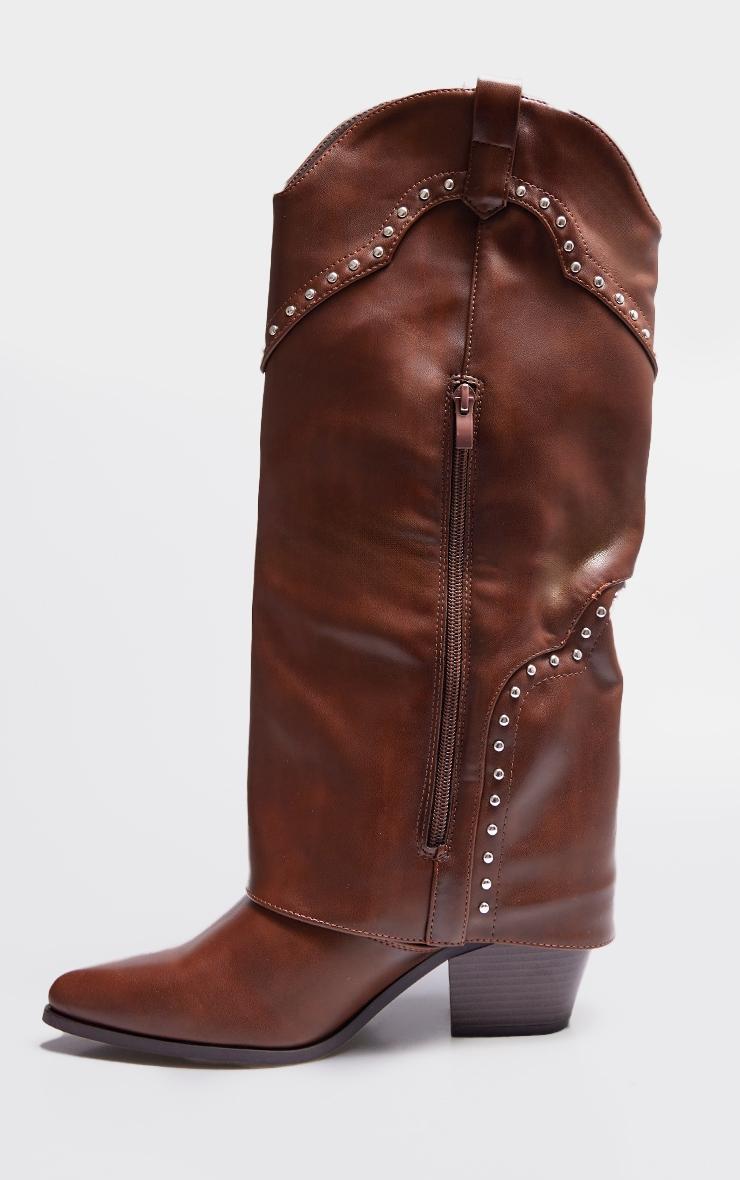 Brown PU Point Toe Low Block Heeled Studded Fold Over Western Boots Product Image