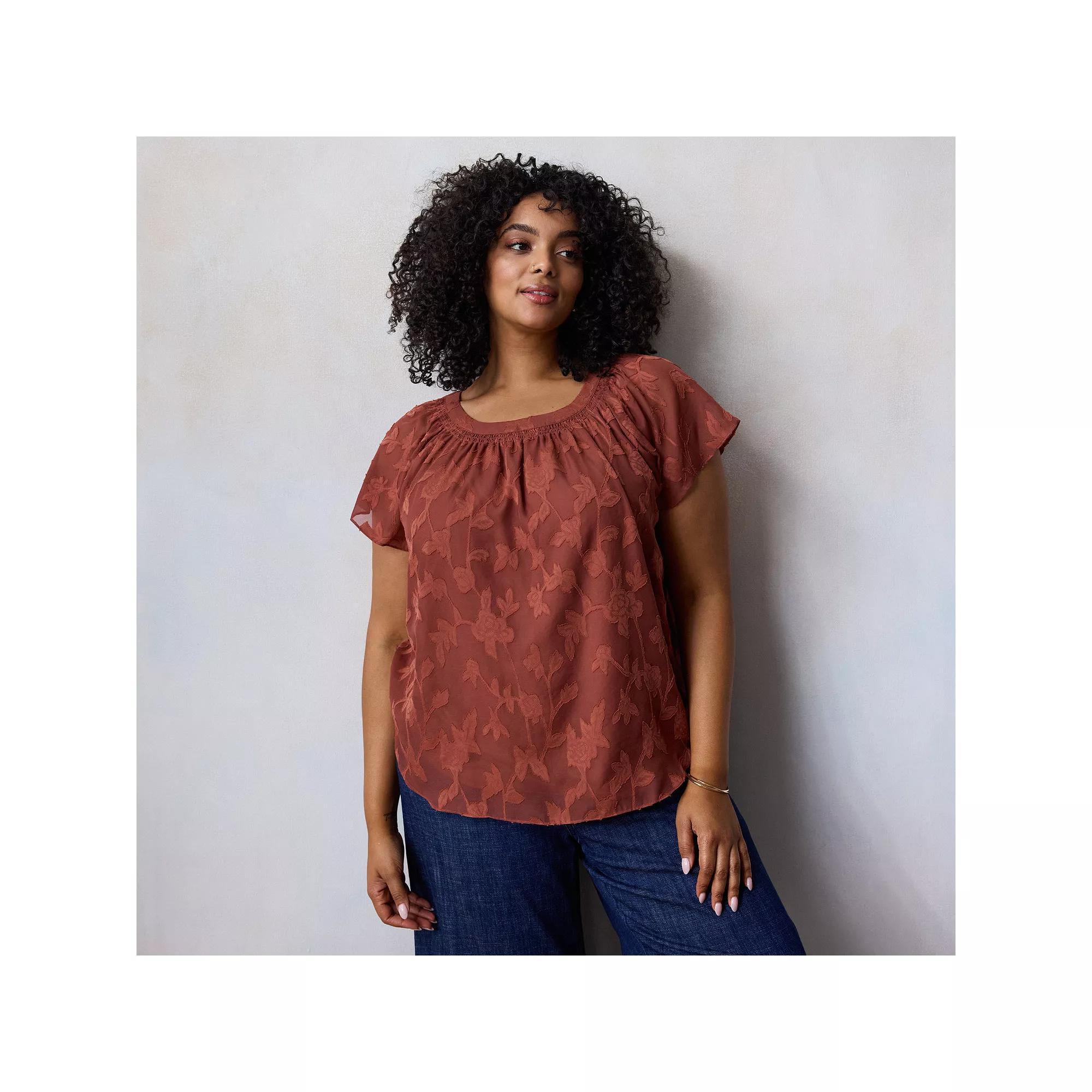 Plus Size LC Lauren Conrad Tie-Front Shirred Neck Top, Women's, Size: 0X, Brown Product Image