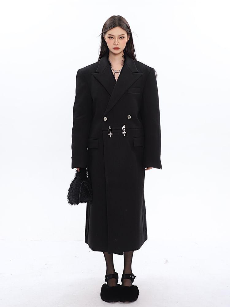 Peak Lapel Plain Buckled Double-Breasted Long Coat Product Image