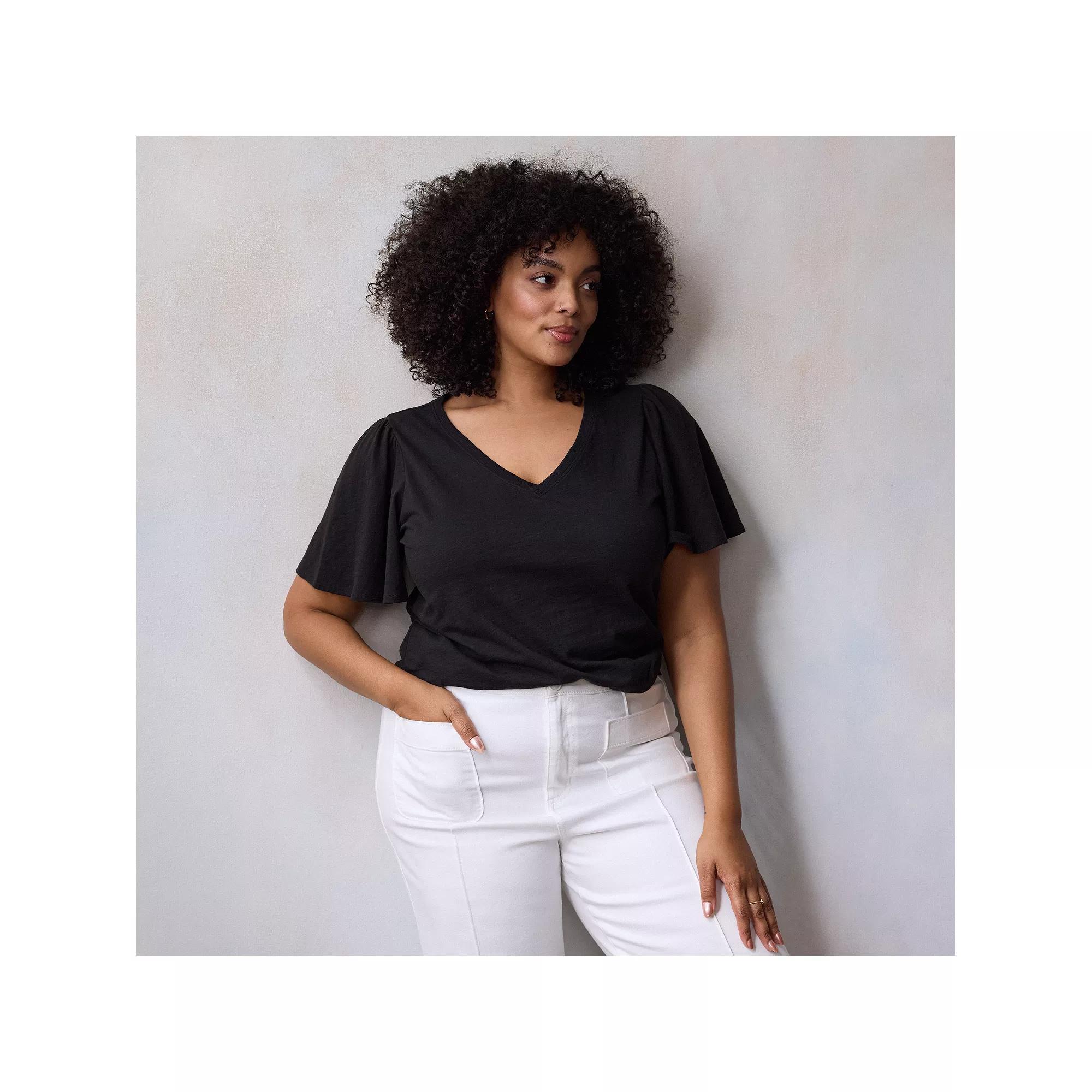 Plus Size LC Lauren Conrad V-Neck Flutter Sleeve Top, Womens Product Image