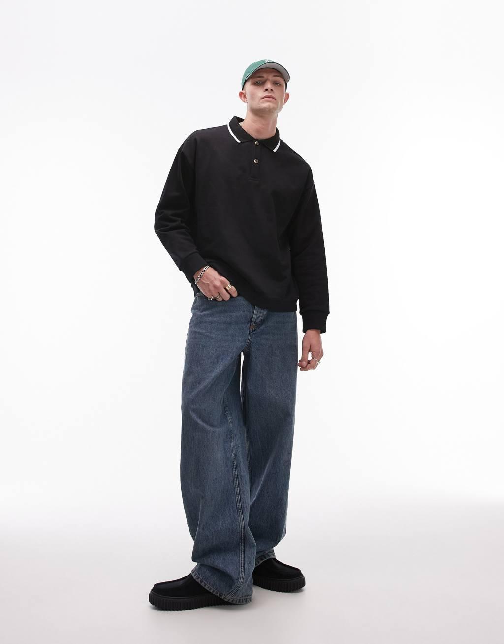 Topman oversized fit polo sweatshirt with tipped collar in black Product Image