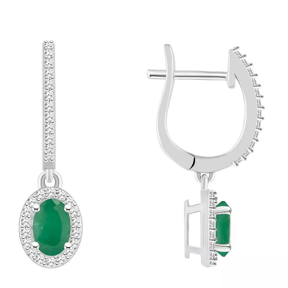 Celebration Gems Sterling Silver Oval-Cut Emerald & 1/3 Carat T.W. Diamond Hoop Drop Earrings, Women's Product Image