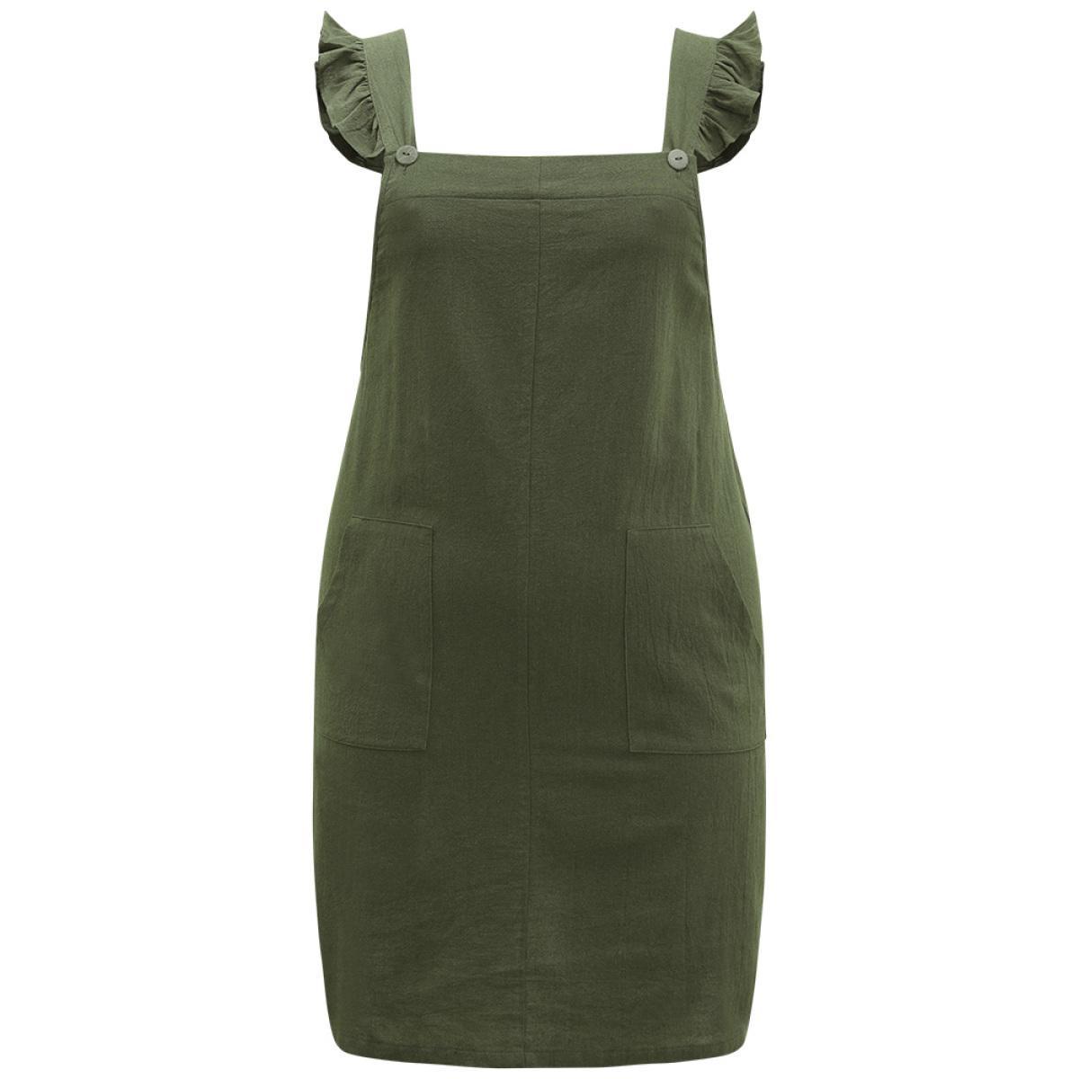 Plus Size Solid Square Neck Button Up Pocket Ruffle Trim Cami Dress ArmyGreen Women Casual Plain Spaghetti Strap Sleeveless Curvy Knee Dress BloomChic 28/5X Product Image