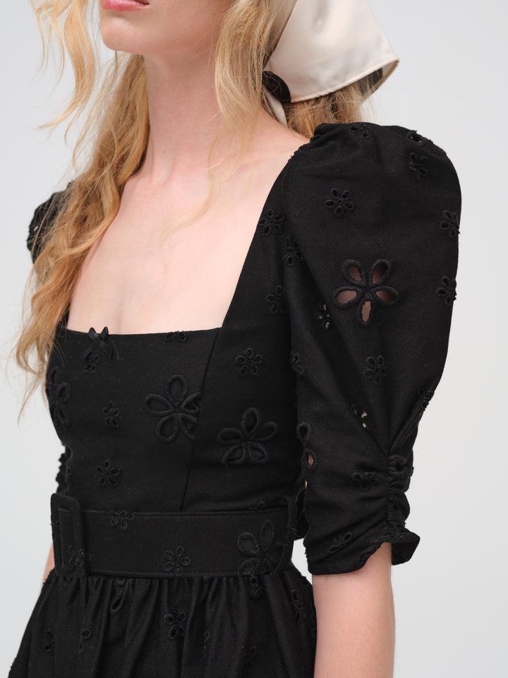 Daisy Eyelet Belted Mini Dress — Black Product Image