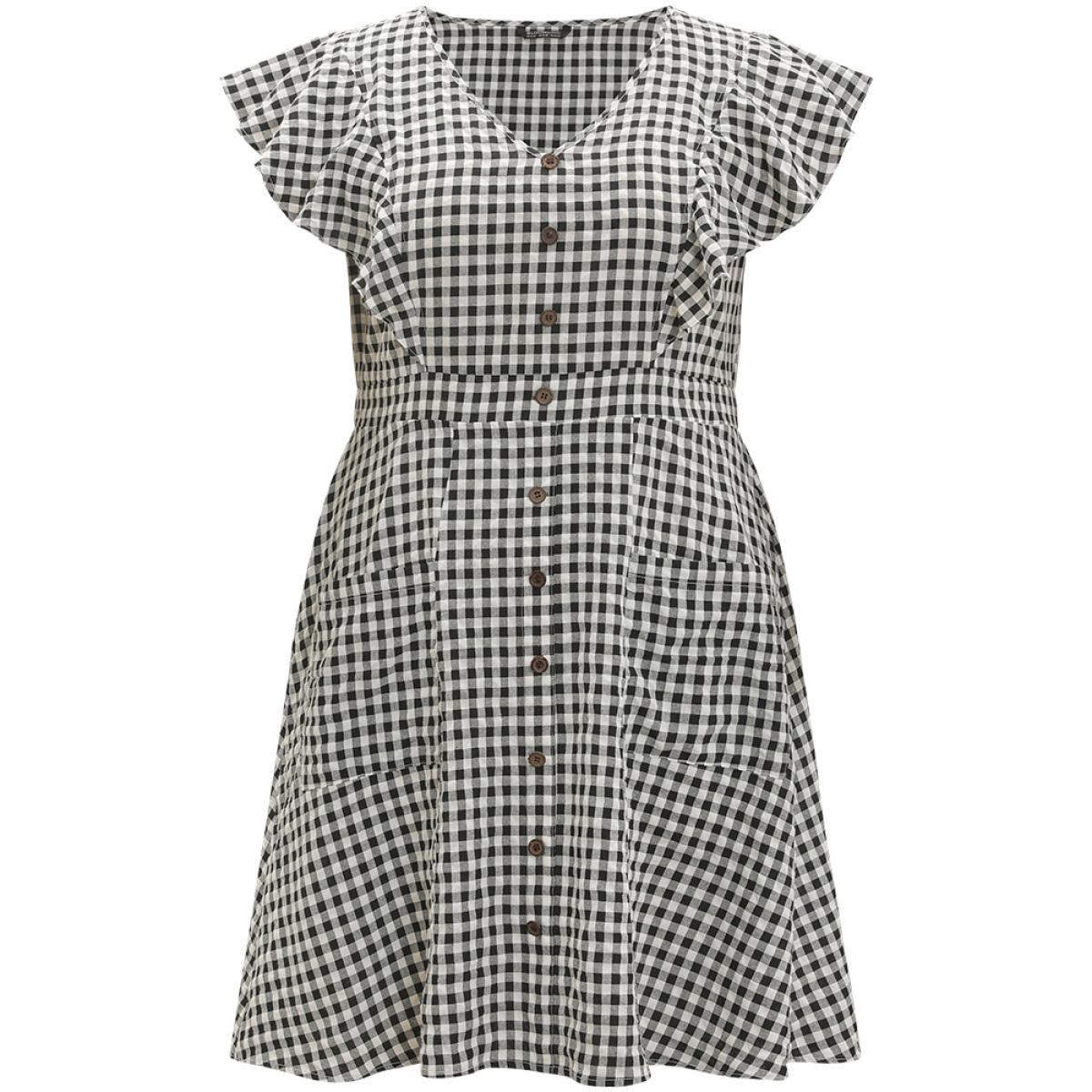 Plus Size Gingham Button Detail Pocket Ruffle Cap Sleeve Dress Black Women Elegant Button V-neck Cap Sleeve Curvy Knee Dress BloomChic 12/L Product Image