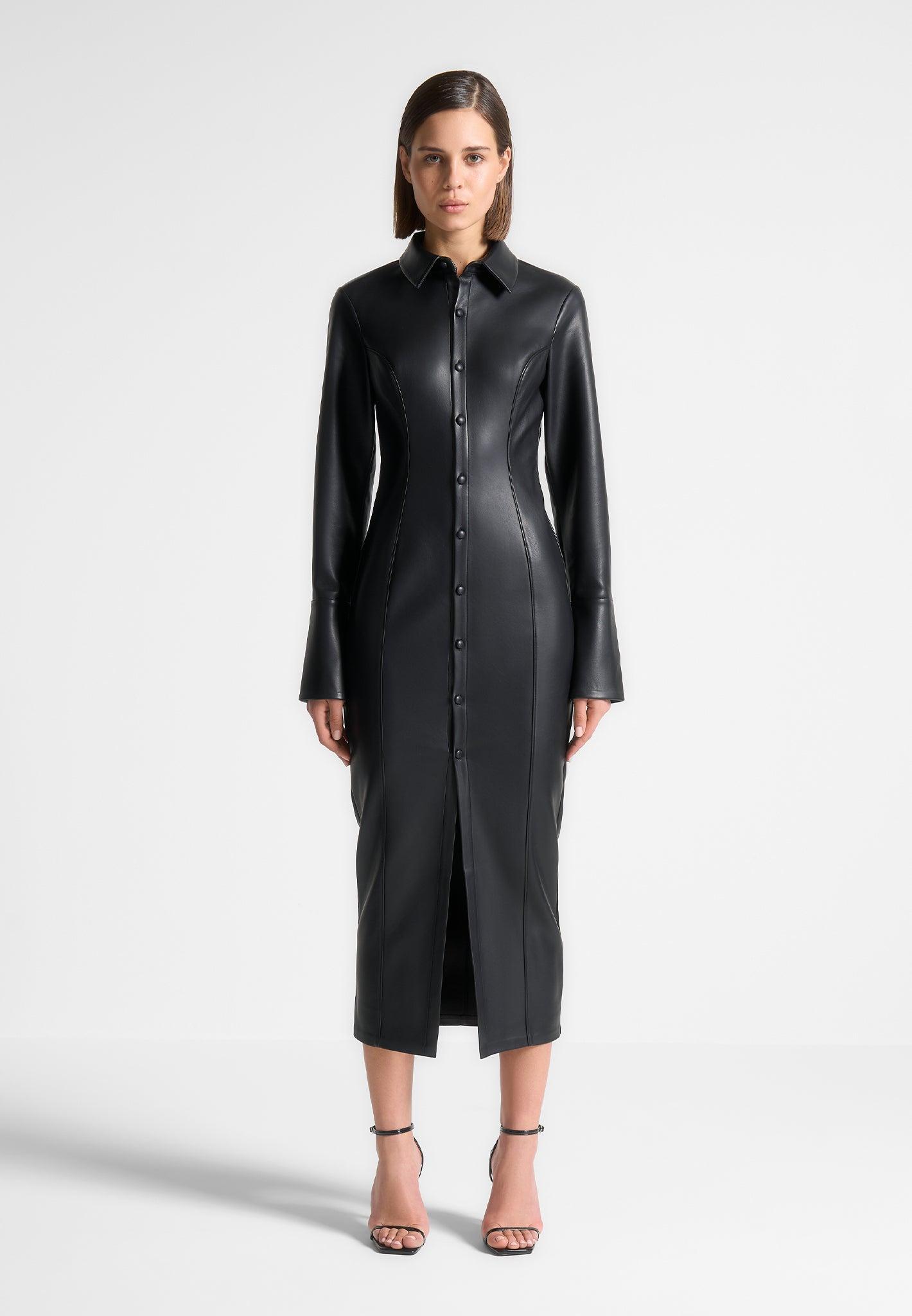 Leather Midaxi Shirt Dress - Black Female Product Image
