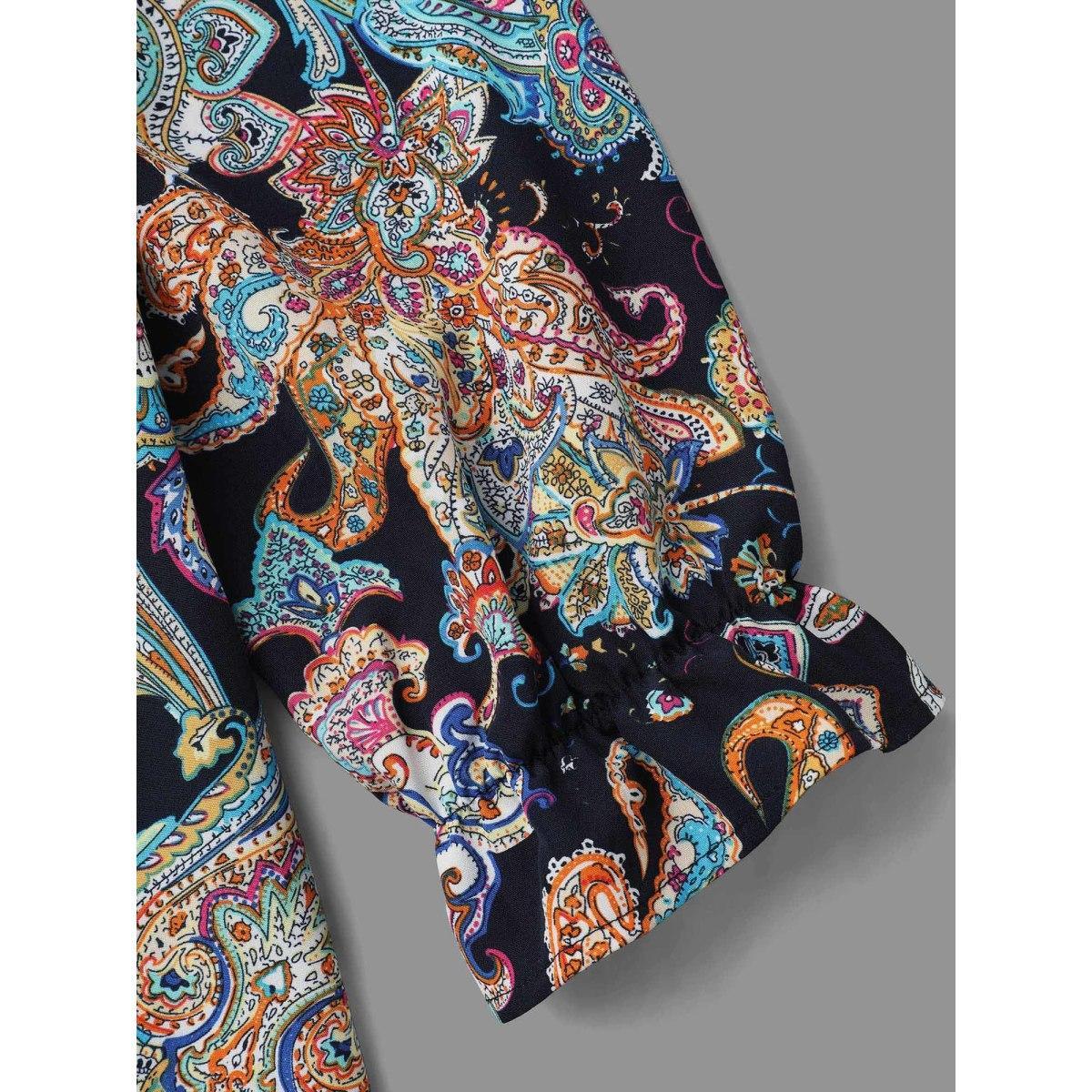 Plus Size Indigo Stand Collar Paisley Shirred Blouse Women Resort Long Sleeve Stand-up collar Vacation Blouses BloomChic 28/5X Product Image