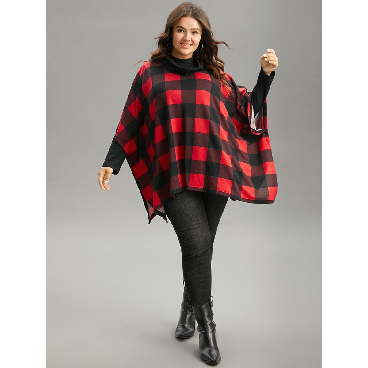 Plus Size Plaid Cowl Neck Dolman Sleeve Asymmetrical Hem Sweatshirt Women Red Casual Contrast Cowl Neck Festival-Christmas Sweatshirts BloomChic 14-16/1X Product Image