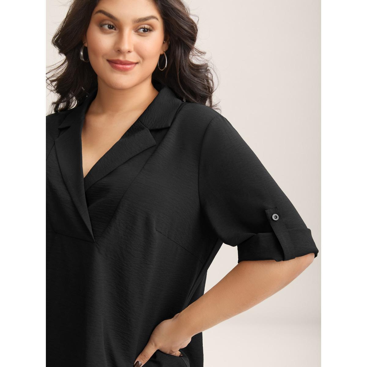 Plus Size Black Tab Sleeve Blazer Collar Blouse Women Elbow-length sleeve Lapel Collar Work Blouses BloomChic 22-24/3X Product Image
