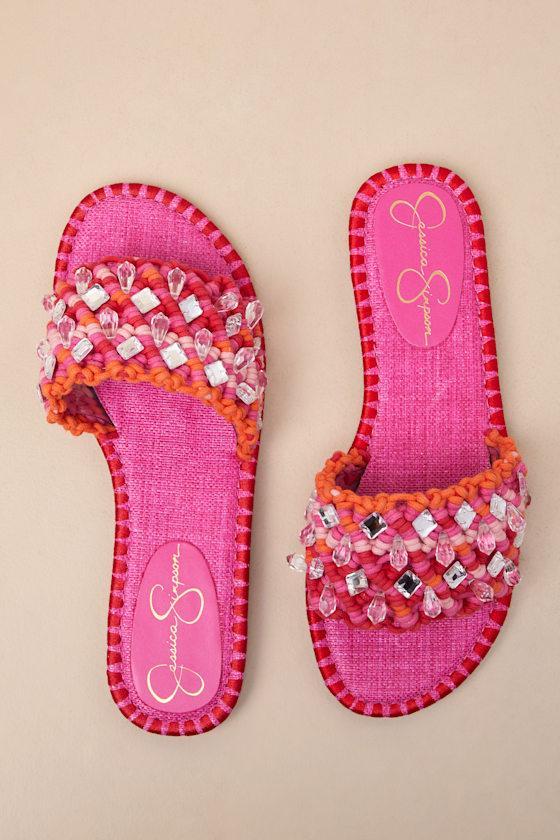 Brennara Bright Orchid Woven Rhinestone Slide Sandals Product Image