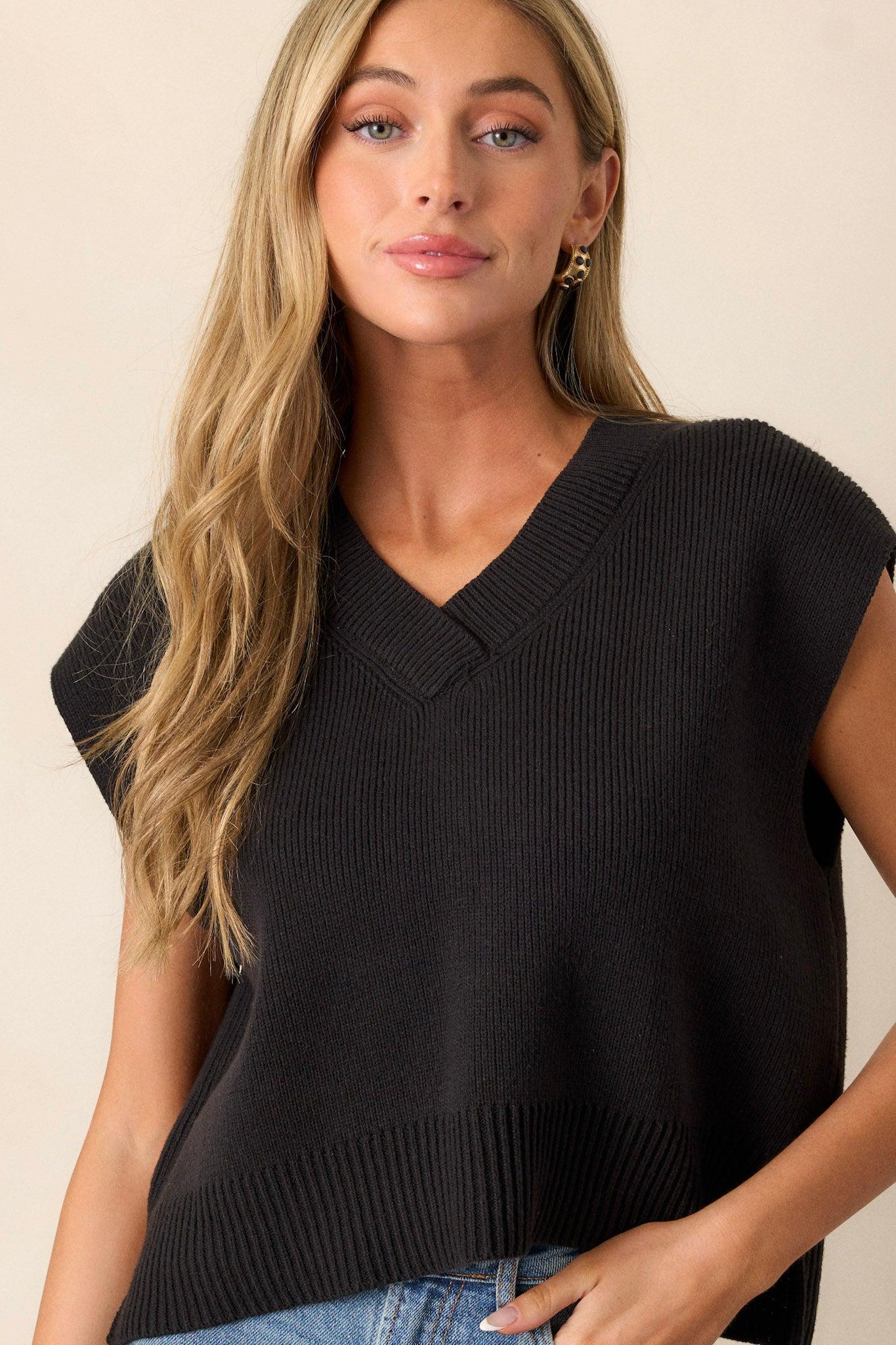 Rustic Retreat Black Short Sleeve Sweater Top Product Image