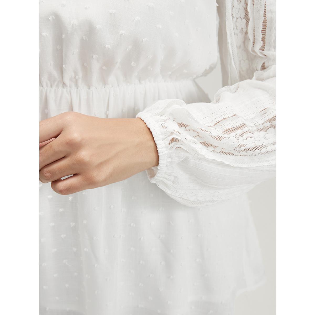 Plus Size WhiteSmoke Solid Lace Patchwork Lantern Sleeve Blouse Women Elegant Long Sleeve V-neck Dailywear Blouses BloomChic 30/6X Product Image