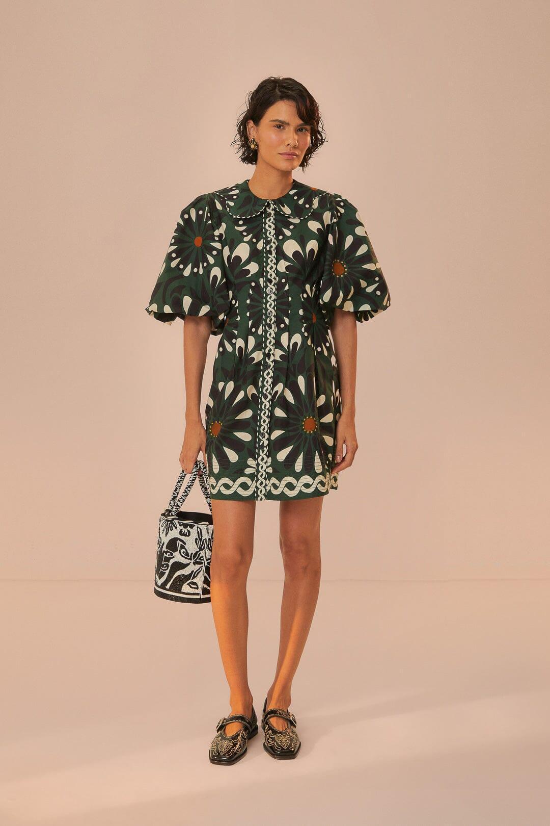 Green Ainika Flowers Short Sleeve Mini Dress Product Image