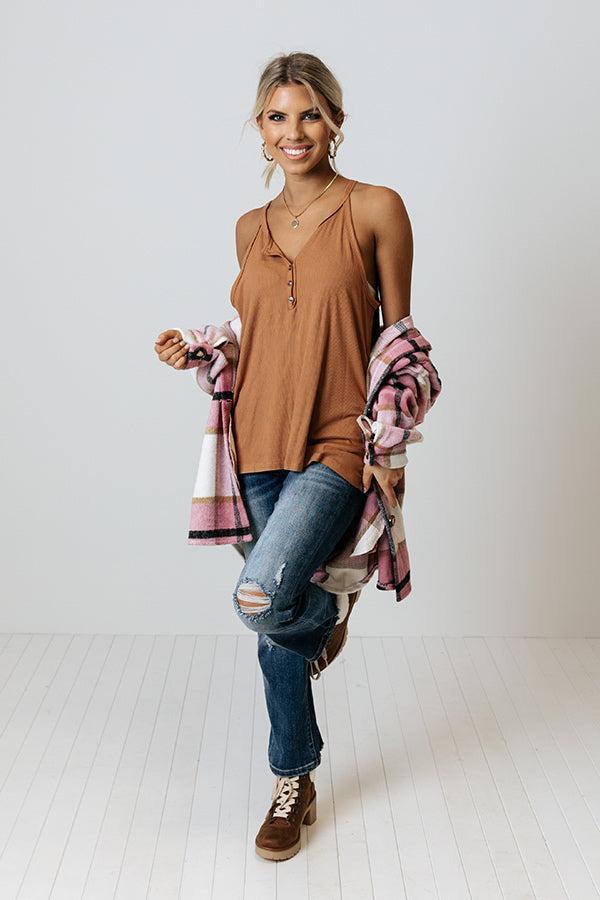 Party Perfection Ribbed Henley Tank In Light Chocolate Product Image