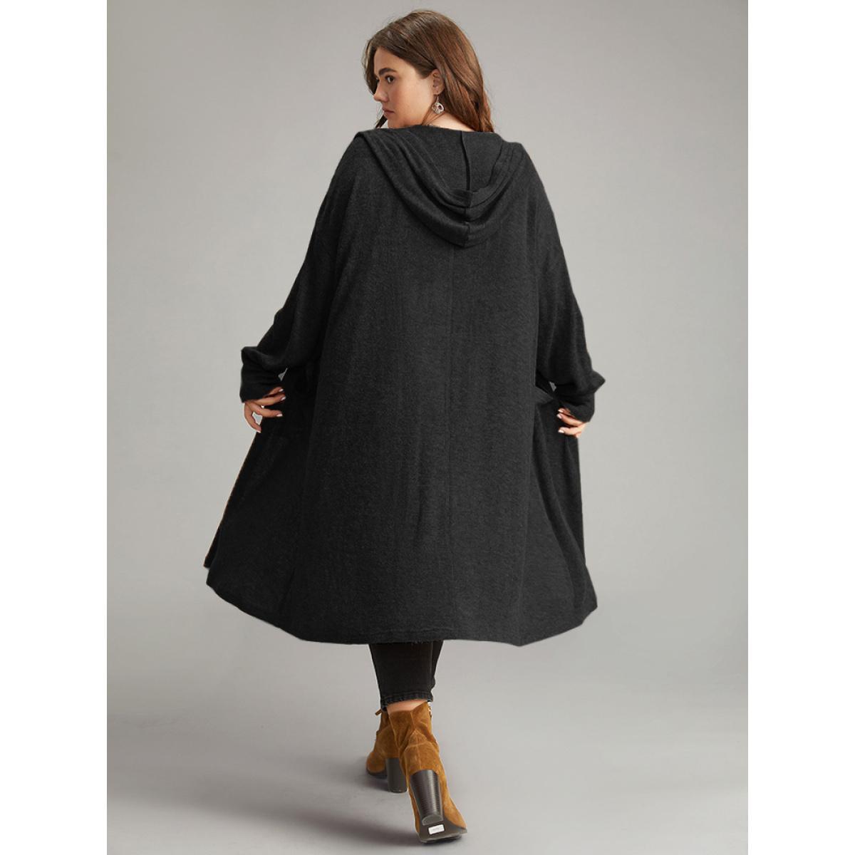 Plus Size Plain Hooded Pocket Open Front Kimono Women Black Casual Texture Pocket Dailywear Kimonos BloomChic 22-24/3X Product Image