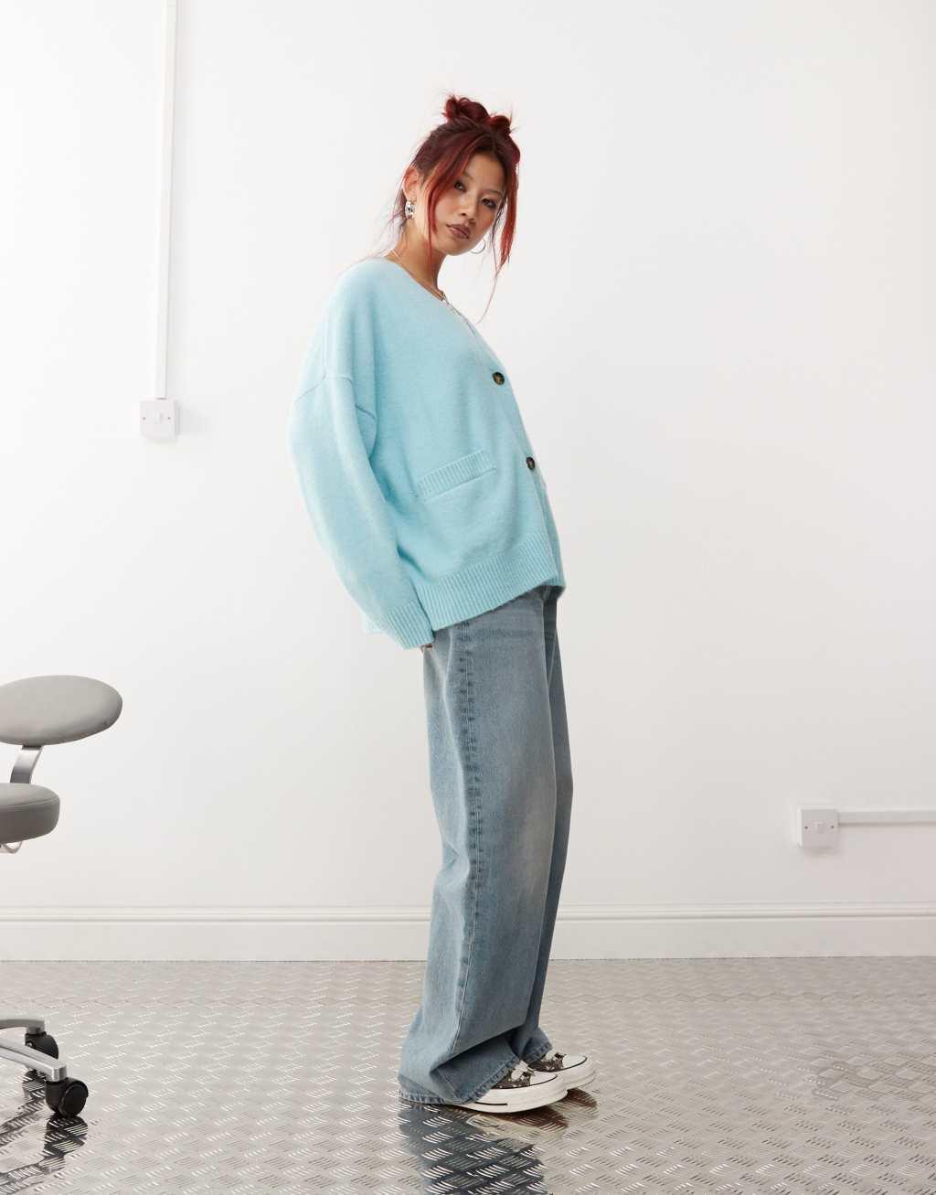 Monki knit button front oversized cardigan in blue Product Image