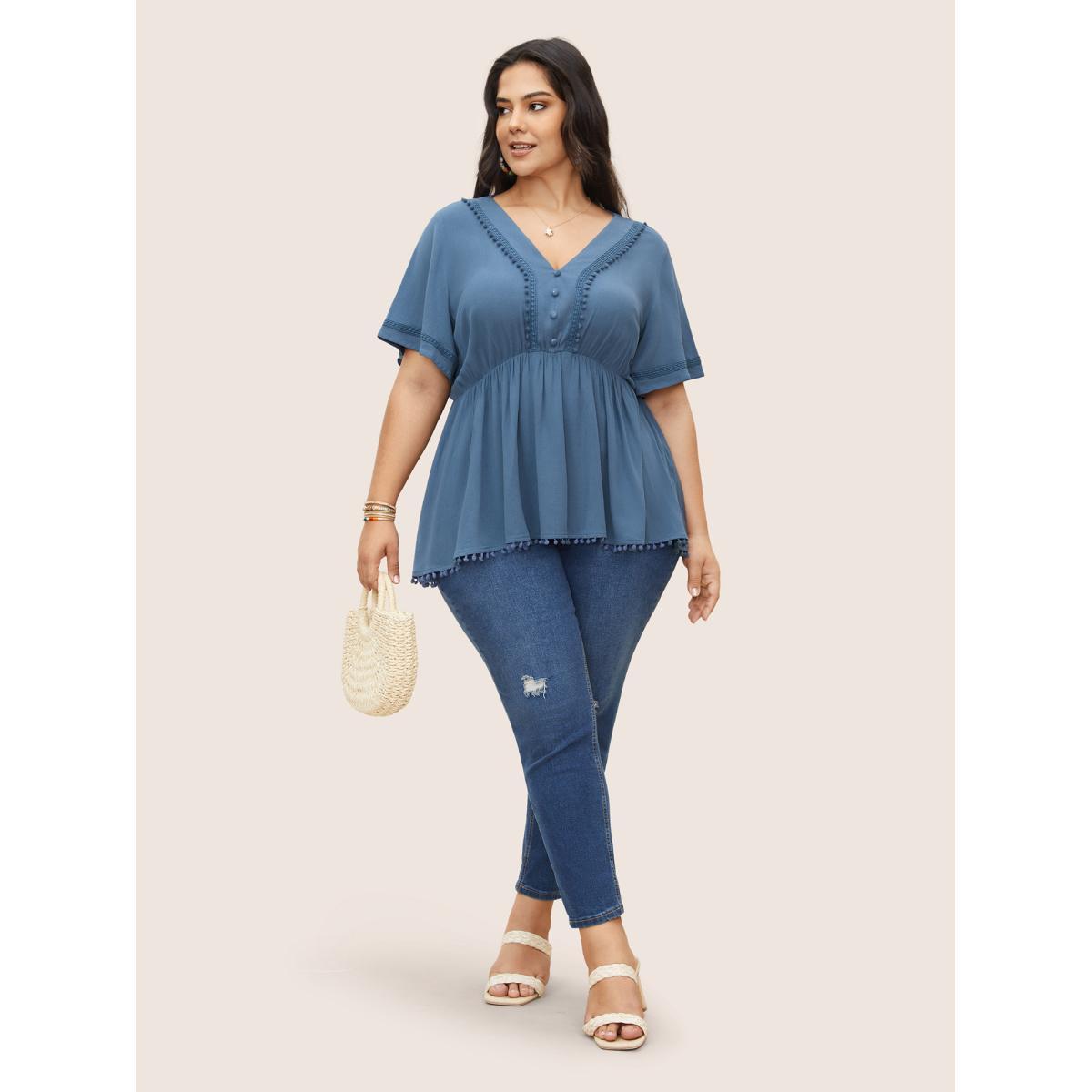 Plus Size Aegean Rayon Plain Button Detail Pompom Trim Blouse Women Resort Short sleeve V-neck Vacation Blouses BloomChic 22-24/3X Product Image