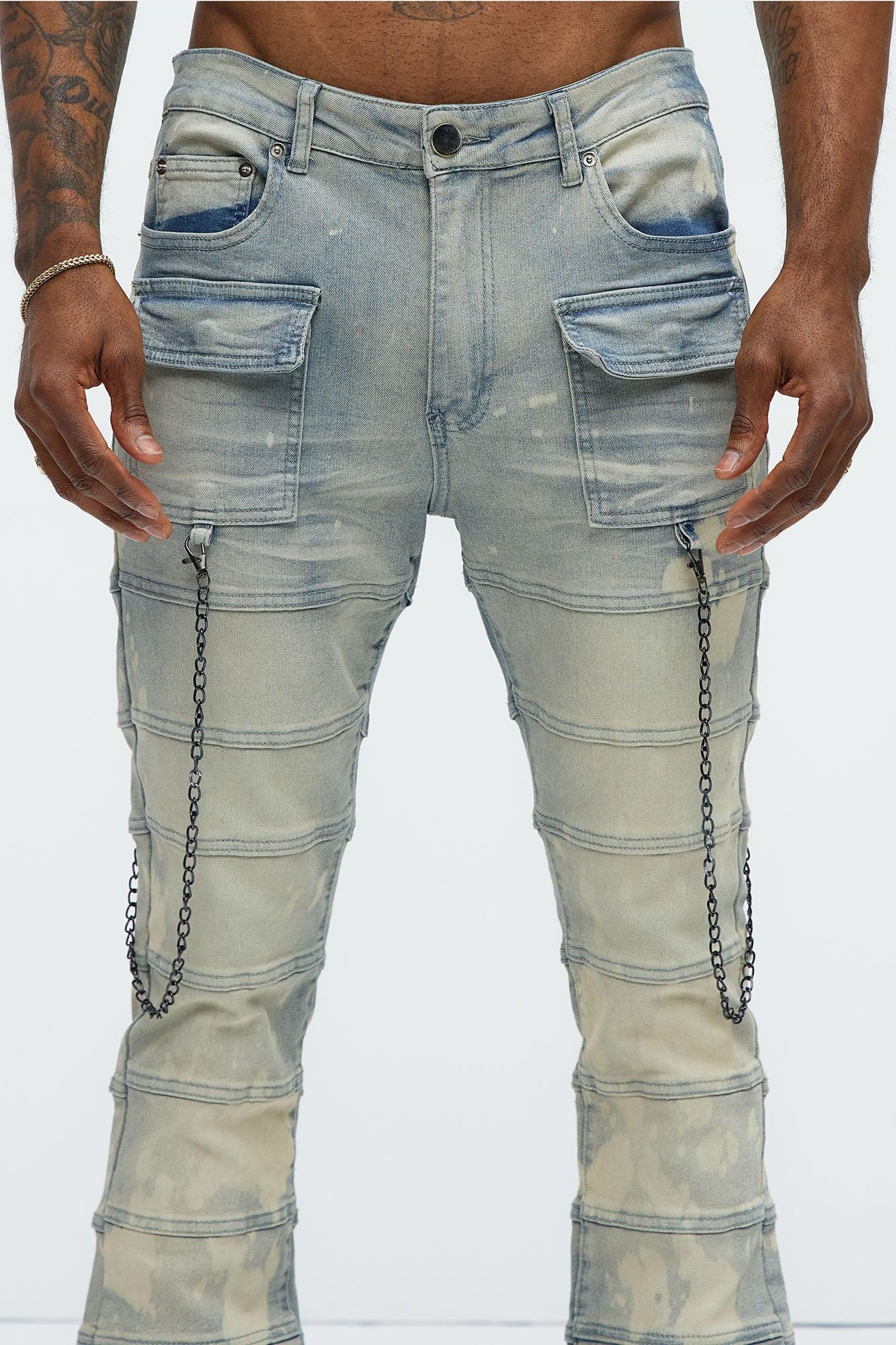 Stacked Slim Flare Paneled Chain Jeans - Light Blue Wash Product Image