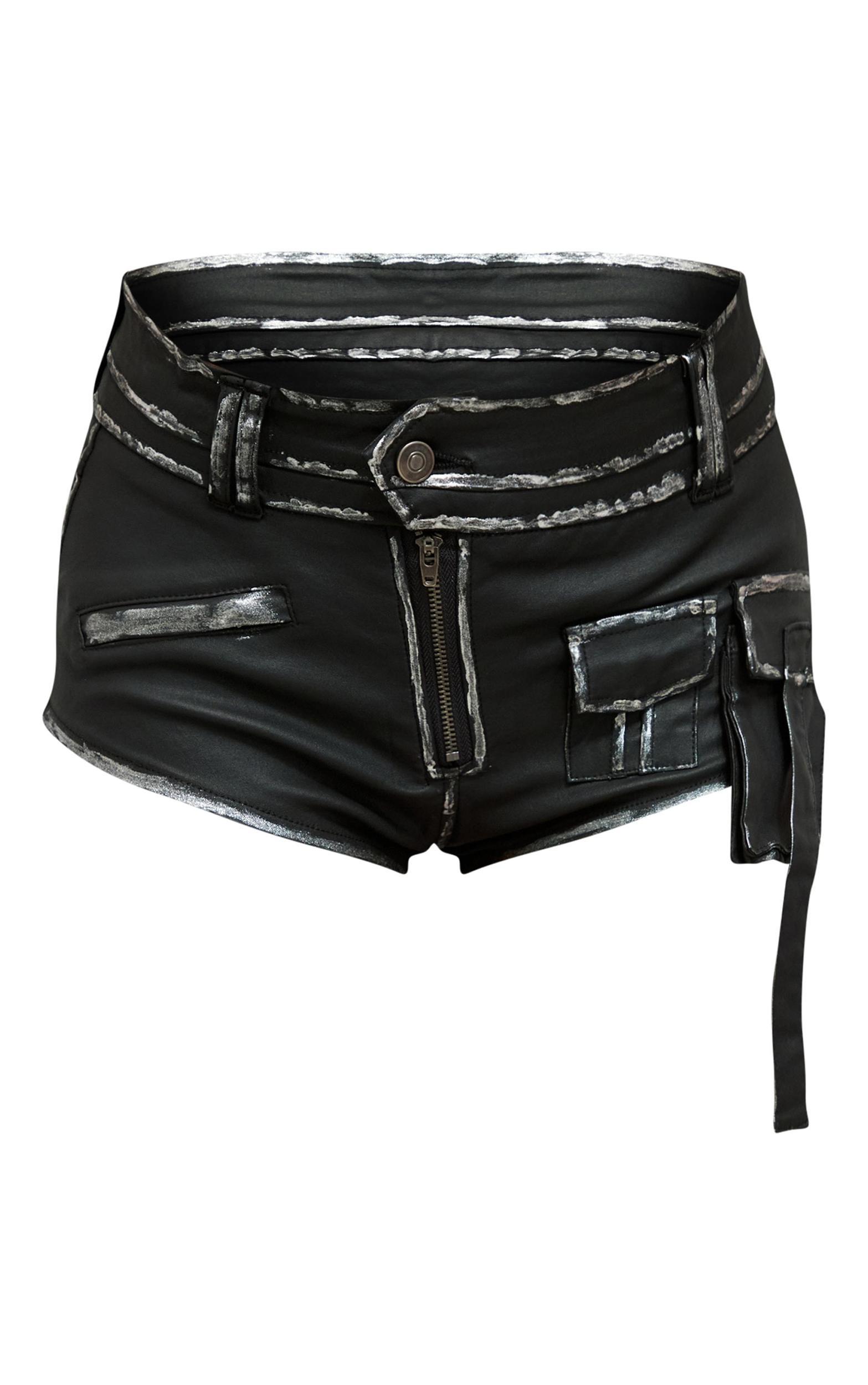 Black Coated Denim Contrast Binding Hot Pants Product Image