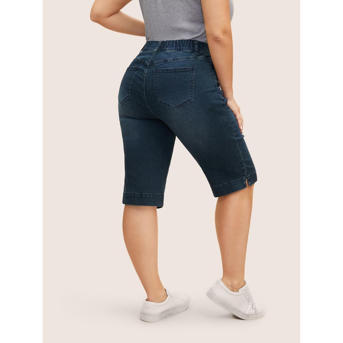 Plus Size Vintage Dark Wash Slit Hem Cropped Jeans Women Darkindigo Casual Button High stretch Slanted pocket Jeans BloomChic 20/2X Product Image