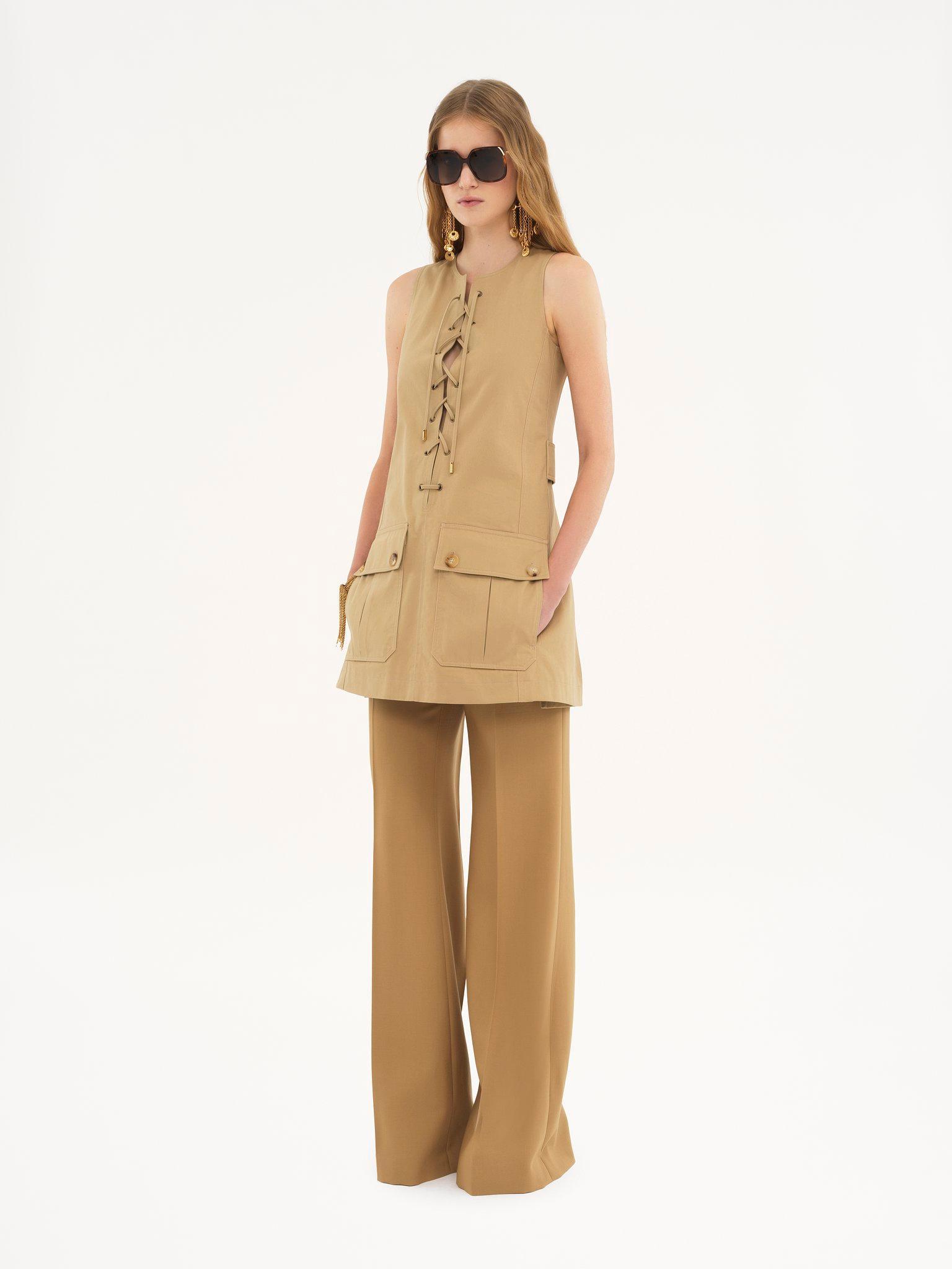 Lace-up pinafore dress in cotton satin Product Image