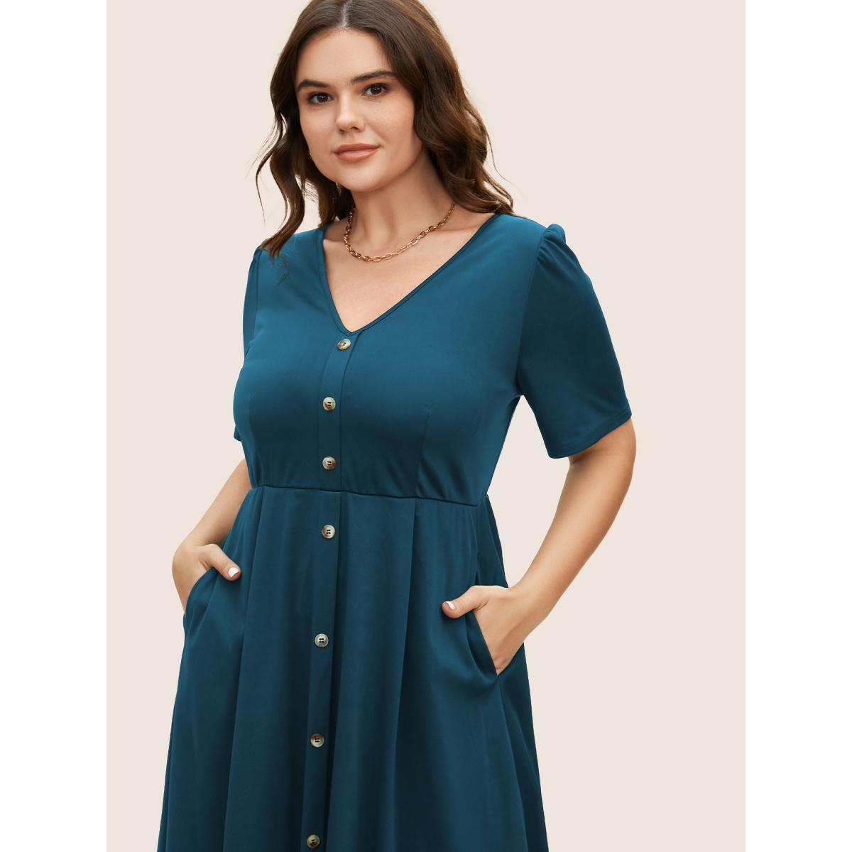 Plus Size V Neck Button Detail Elastic Waist Midi Dress Teal Women At the Office Button V-neck Short sleeve Curvy BloomChic 22-24/3X Product Image