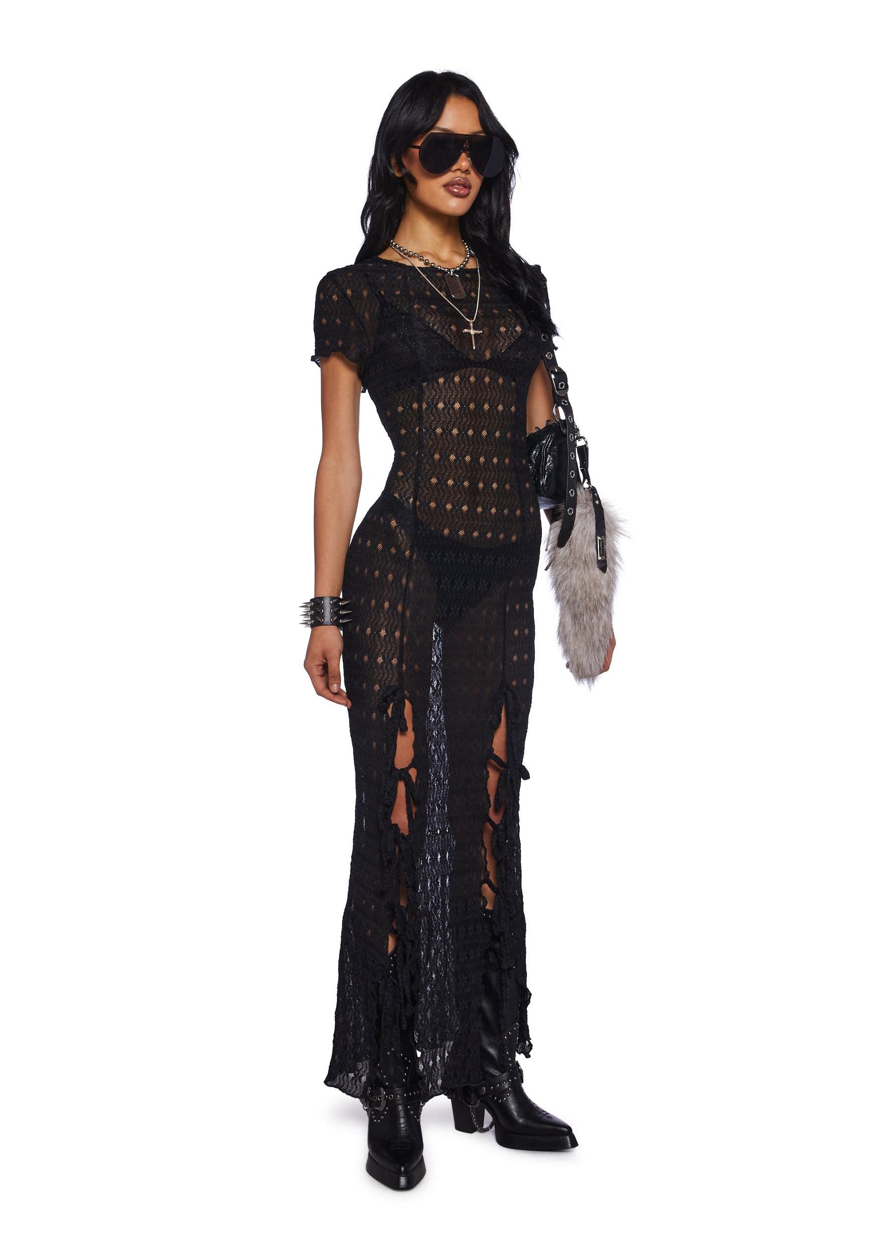 Sheer Textured Floral Maxi Dress With Slits - Black Product Image