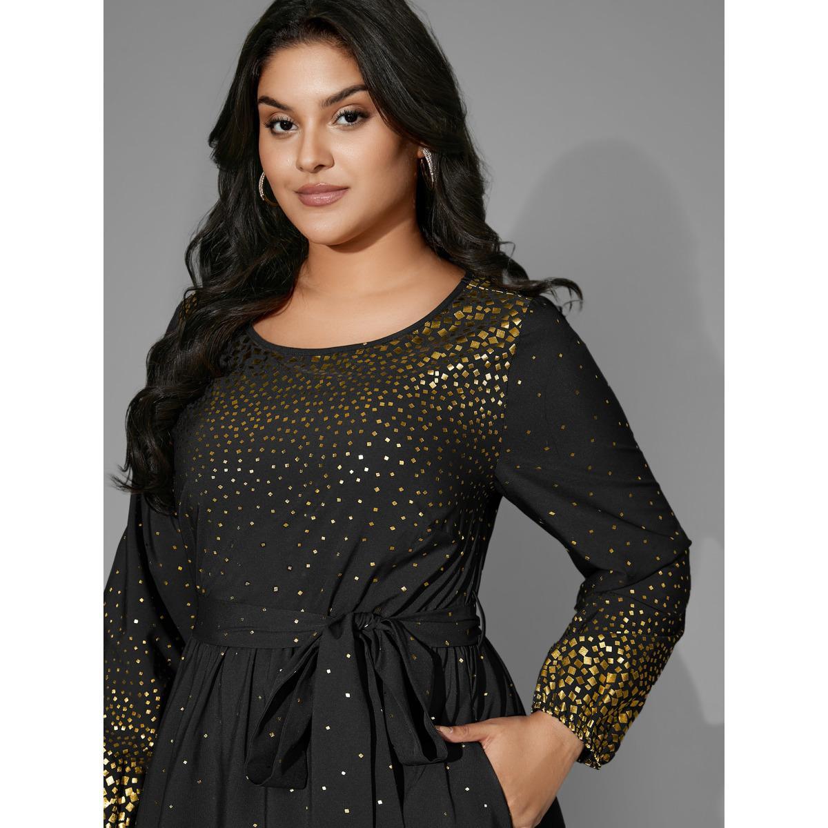 Plus Size Glitter Round Neck Belted Lantern Sleeve Dress Plum Women Cocktail Texture Party Curvy Bloomchic 28/5X Product Image