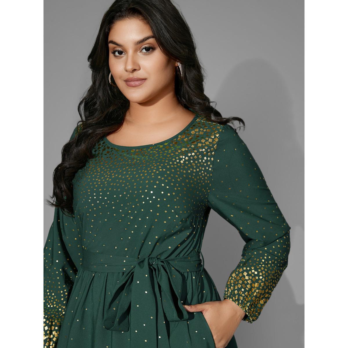 Plus Size Glitter Round Neck Belted Lantern Sleeve Dress DarkGreen Women Cocktail Texture Party Curvy Bloomchic 14-16/1X Product Image