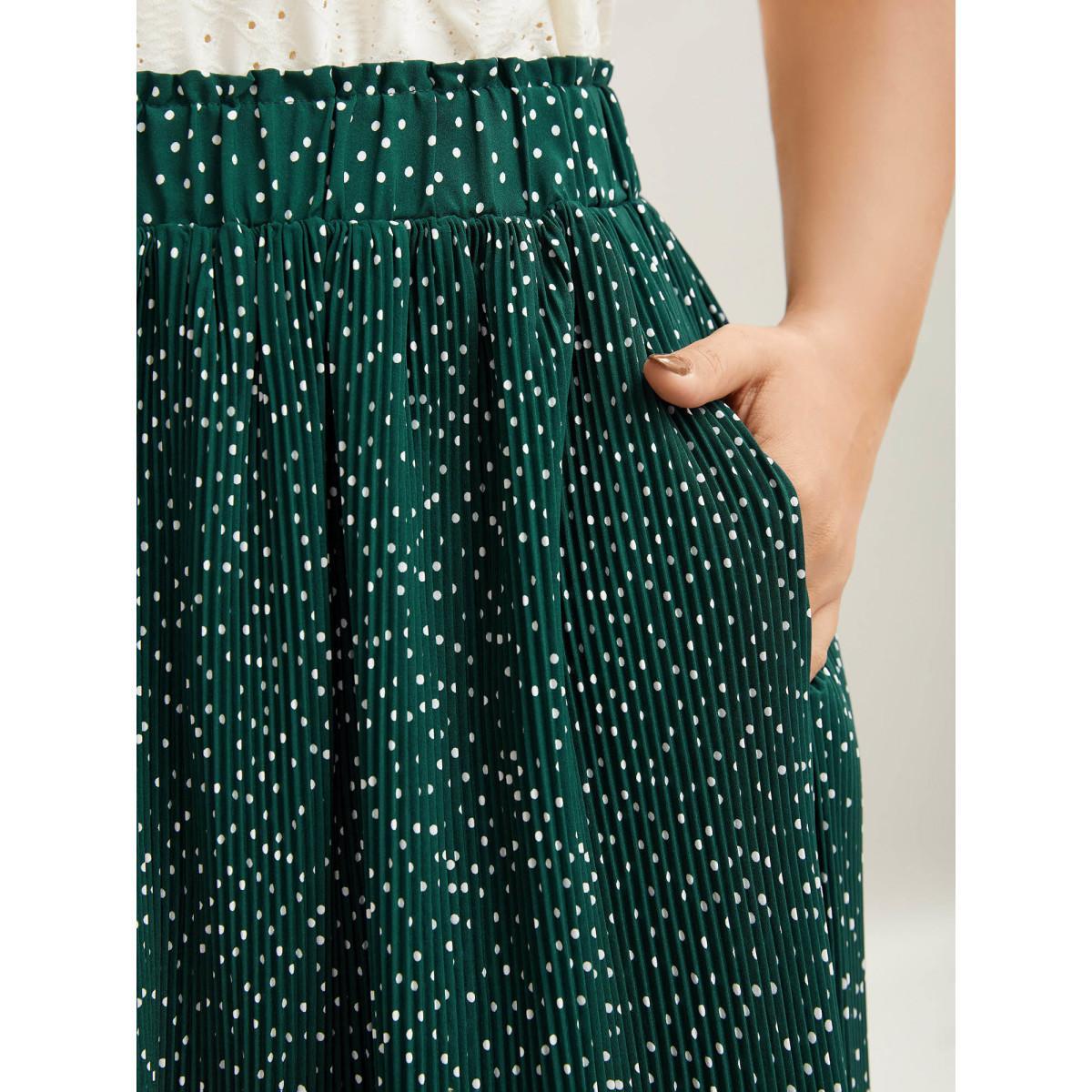 Plus Size Fine Dots Print Smocked Waist Midi Skirt Women DarkGreen Elegant Pleated Bodycon Low stretch Side seam pocket Everyday-Elegant Skirts BloomChic 30/6X Product Image