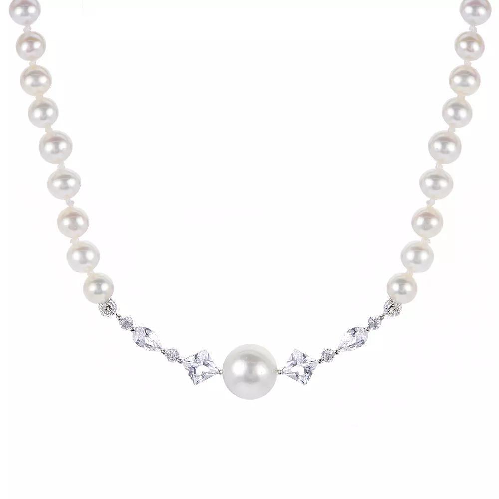 PearLustre by Imperial Sterling Silver Freshwater Cultured Pearl & Lab-Created White Sapphire Center Station Necklace, Womens Product Image