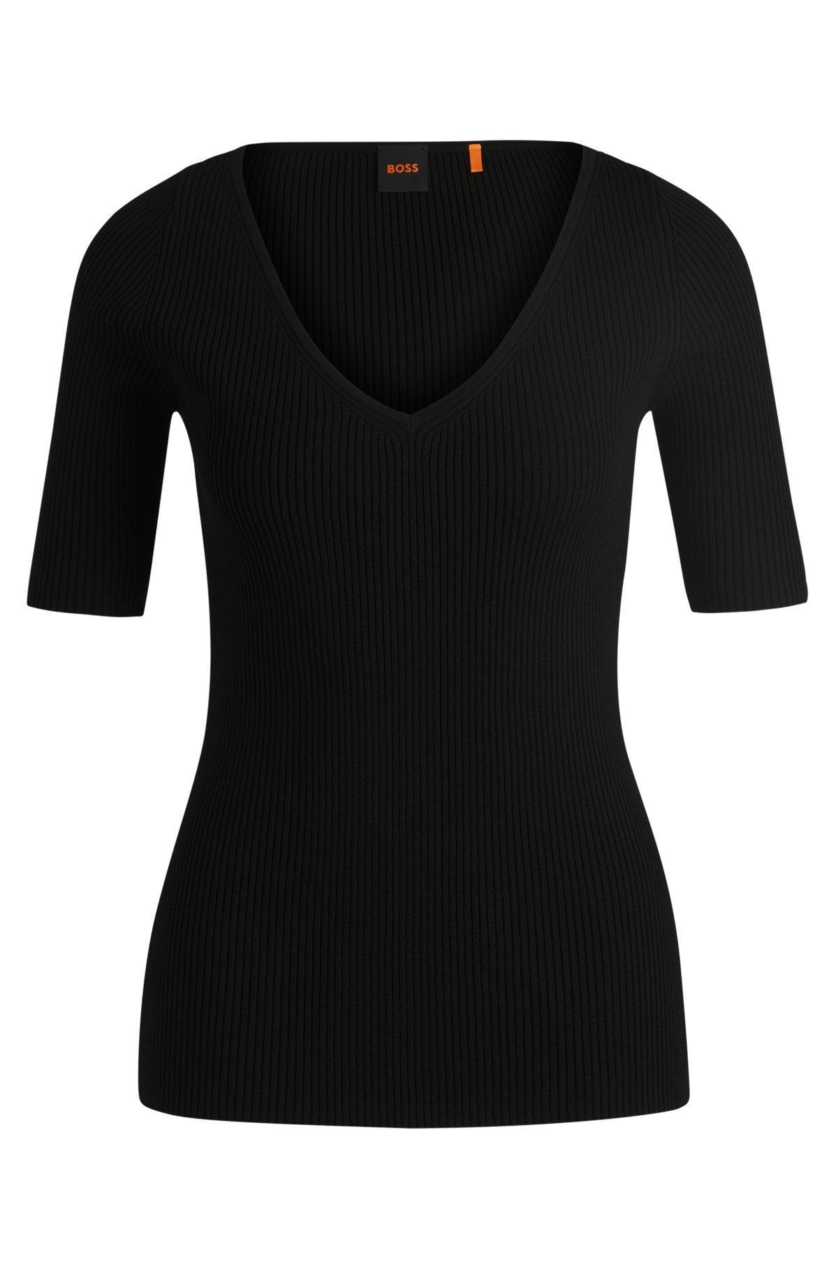 BOSS - Knitted sweater with V neckline in slim fit - Black Product Image