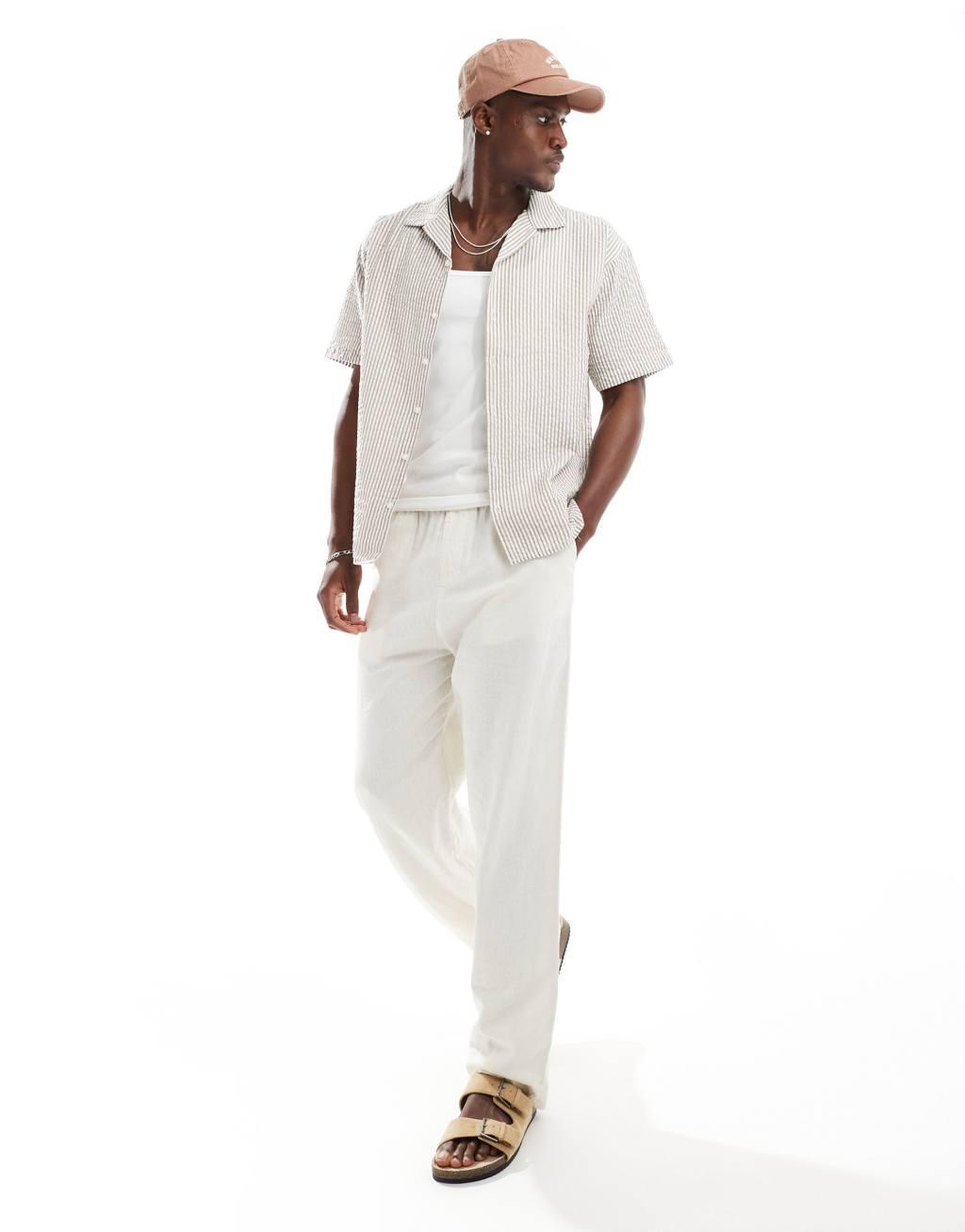 Jack & Jones seersucker shirt with revere collar in beige Product Image