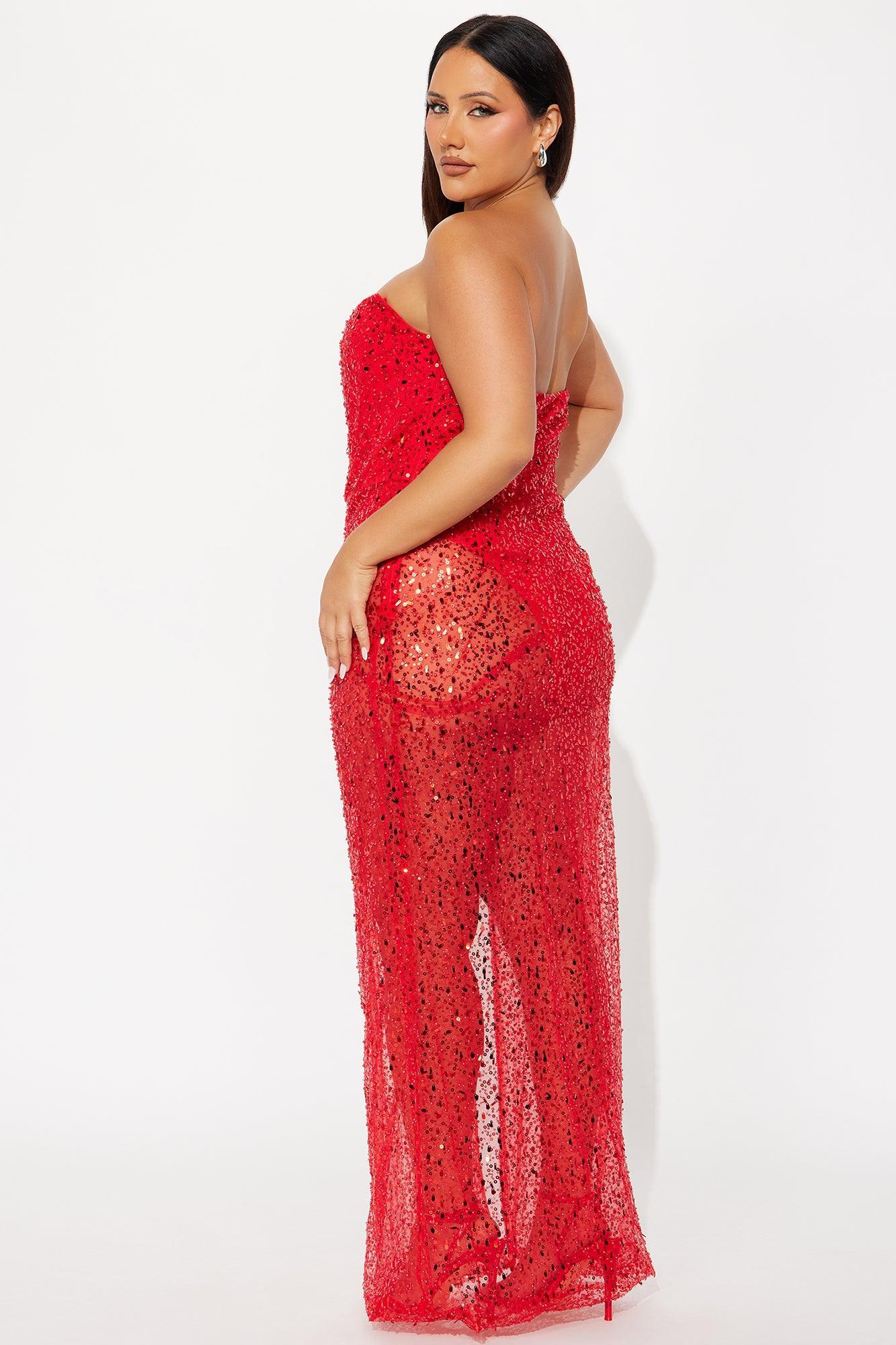 Temptation Sheer Sequin Gown - Red Product Image