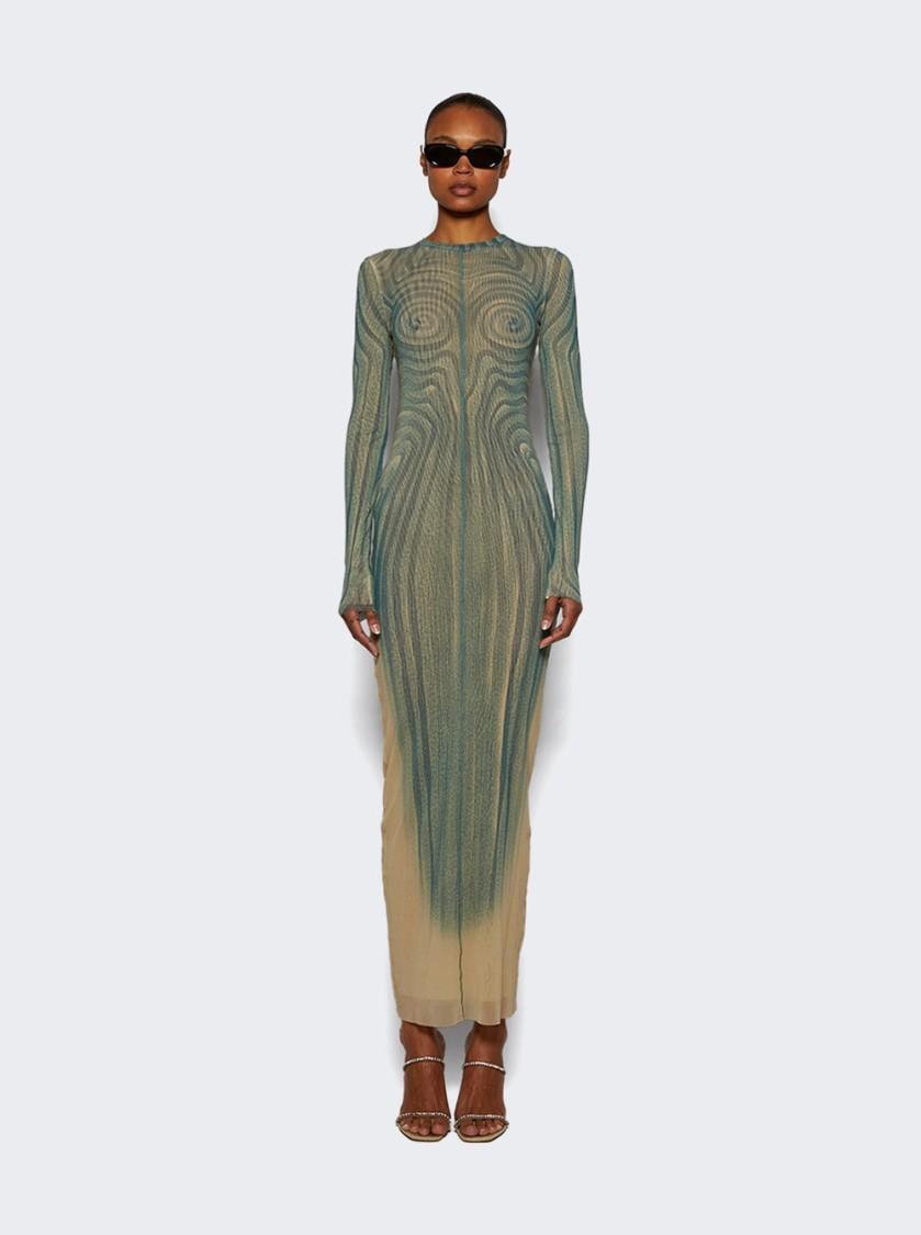 JEAN PAUL GAULTIER Mesh Long Dress With Spiral Print And Ruffles In Beige Product Image
