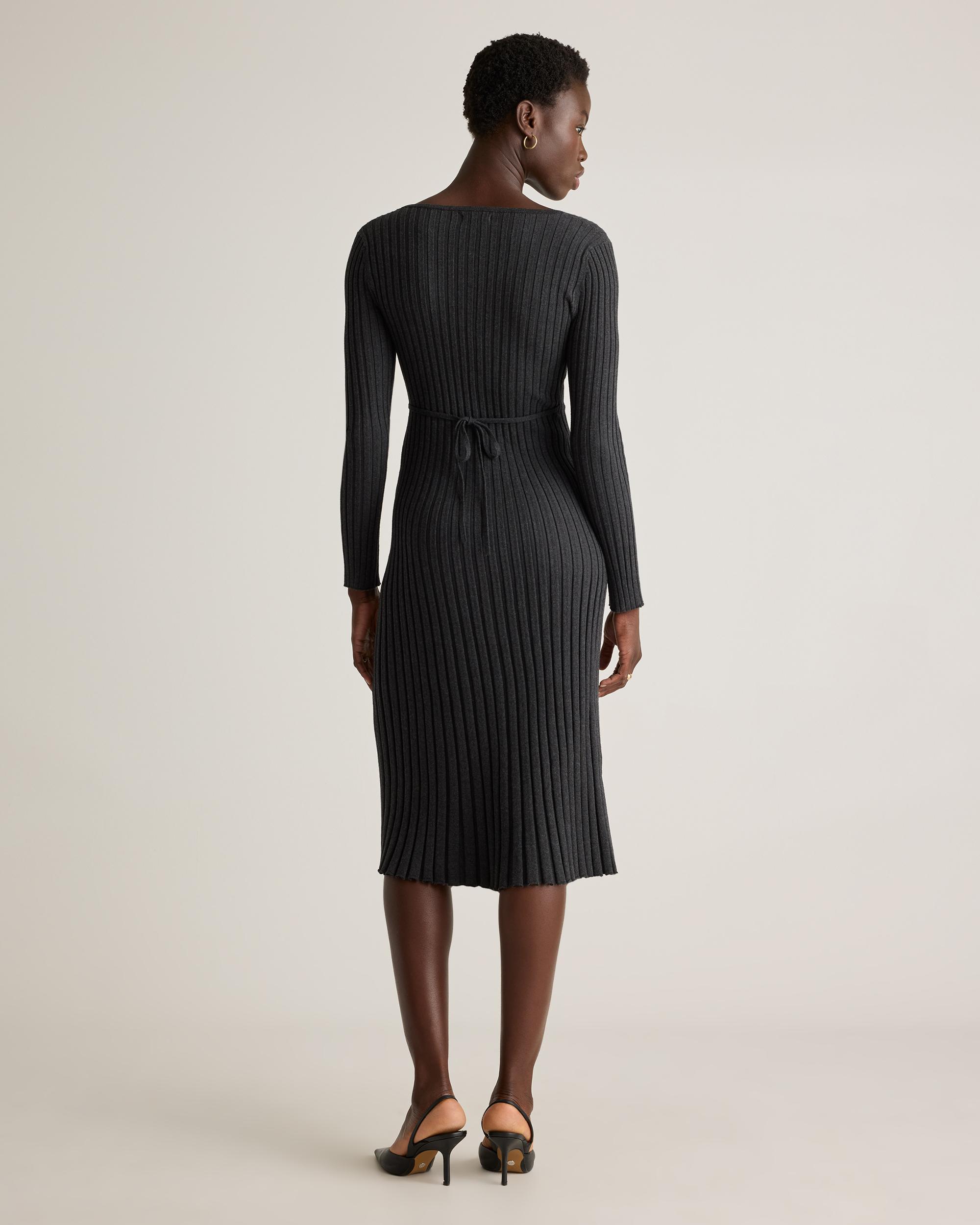 Quince | Women's Cotton Cashmere Ribbed Long Sleeve V-Neck Midi Dress Product Image