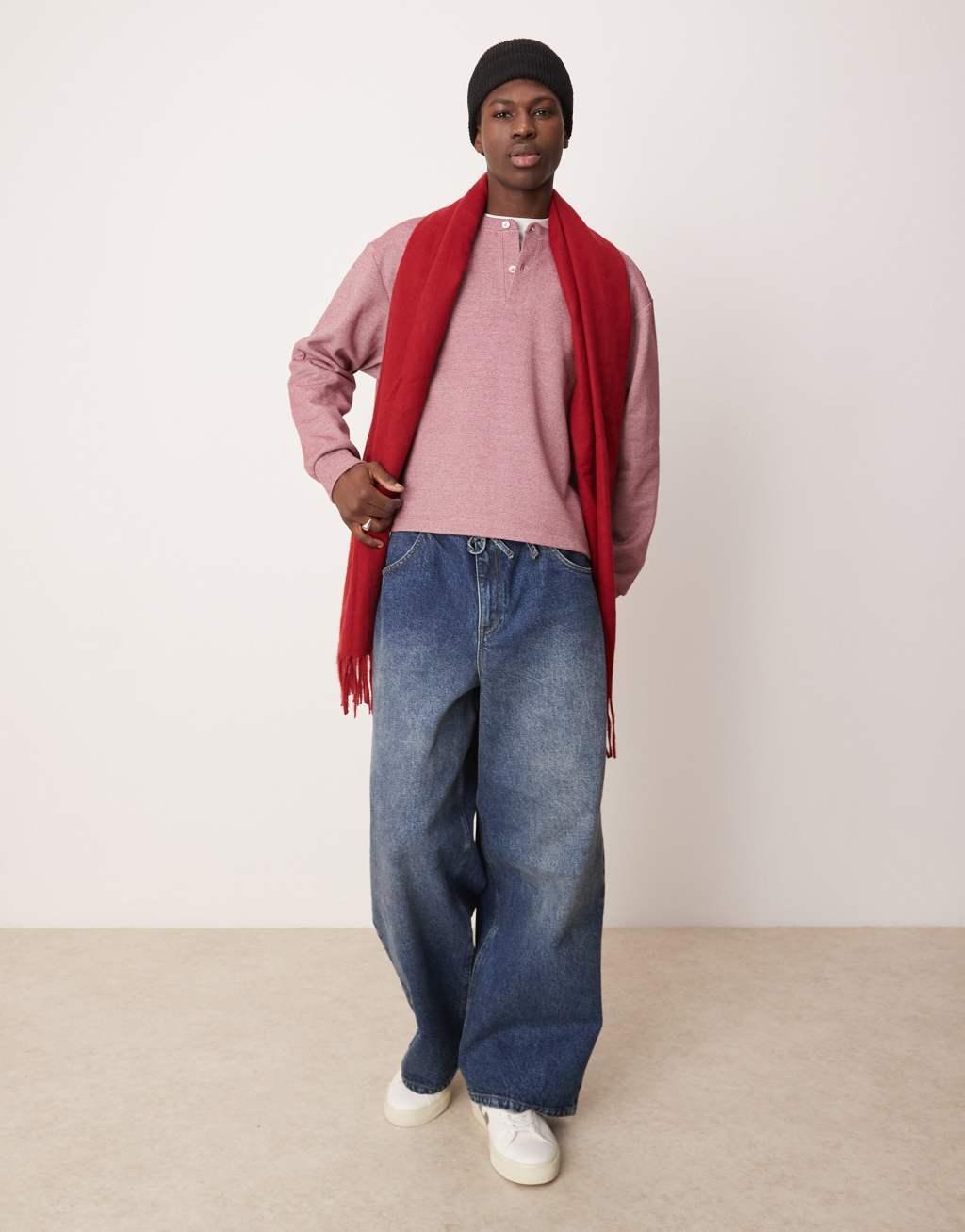 ASOS DESIGN oversized boxy pique sweater with henley neck in dark pink Product Image