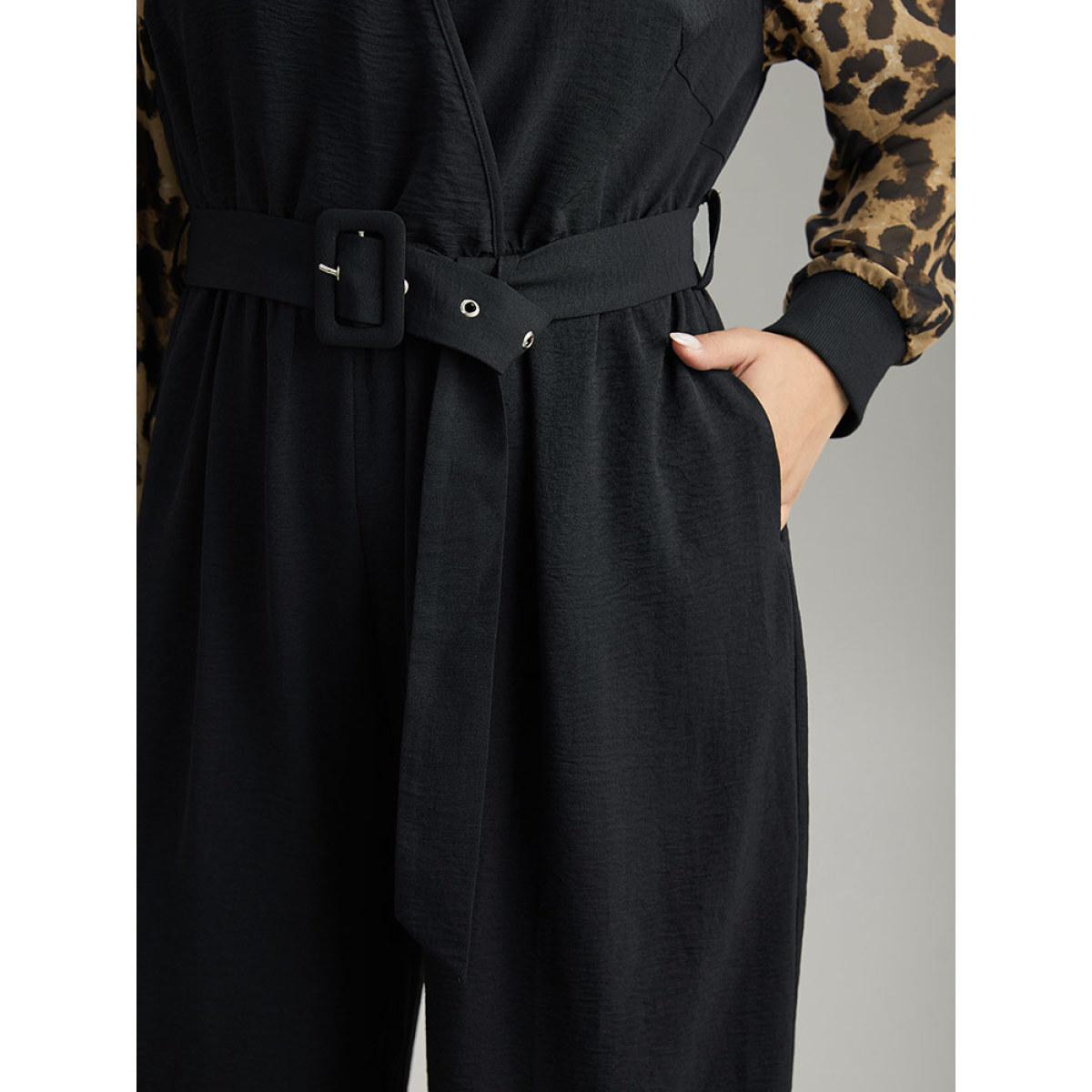 Plus Size Black Leopard Patchwork Wrap Buckle Detail Belted Jumpsuit Women Glamour Long Sleeve V-neck Going out Loose Jumpsuits BloomChic 18-20/2X Product Image