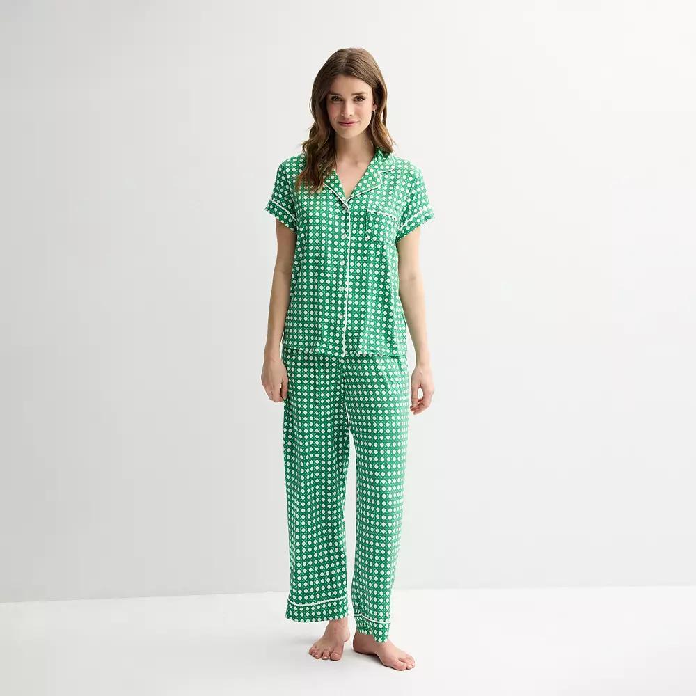 Women's Draper James 2-Piece Printed Cozy Short Sleeve Notch Collar Pajama Top & Pajama Pants Set, Size: XL, Spring Green Wicker Product Image