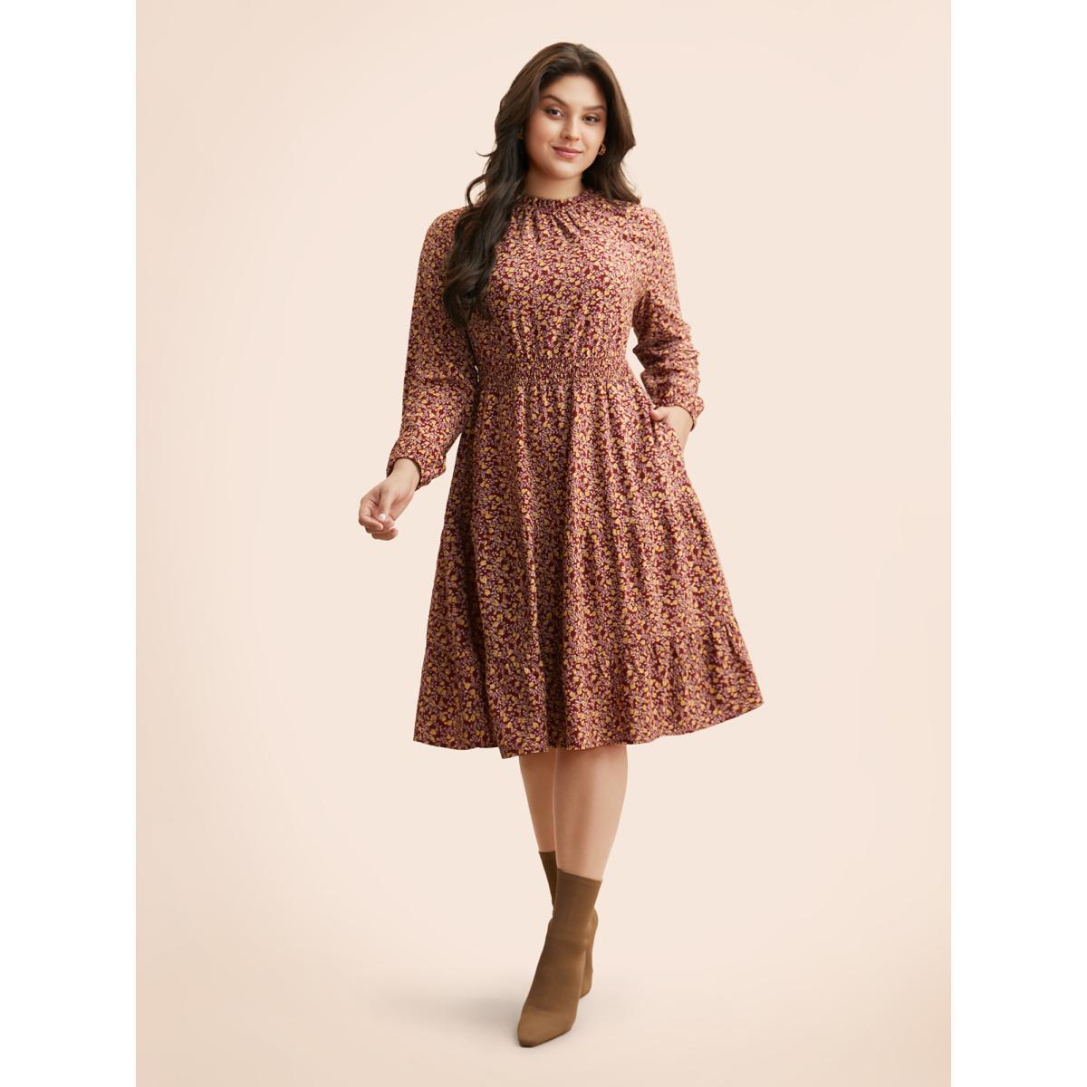 Plus Size Ditsy Floral Shirred Frill Trim Dress Burgundy Women Elegant Frill Trim Mock Neck Long Sleeve Curvy BloomChic 18-20/2X Product Image