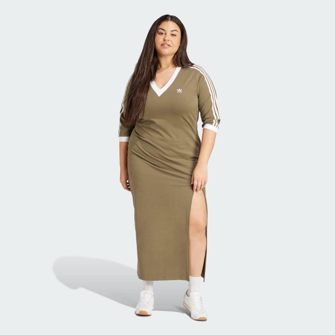 adidas Adicolor Classics 3-Stripes V-Neck Maxi Dress (Plus Size) Olive Strata 4X Womens Product Image