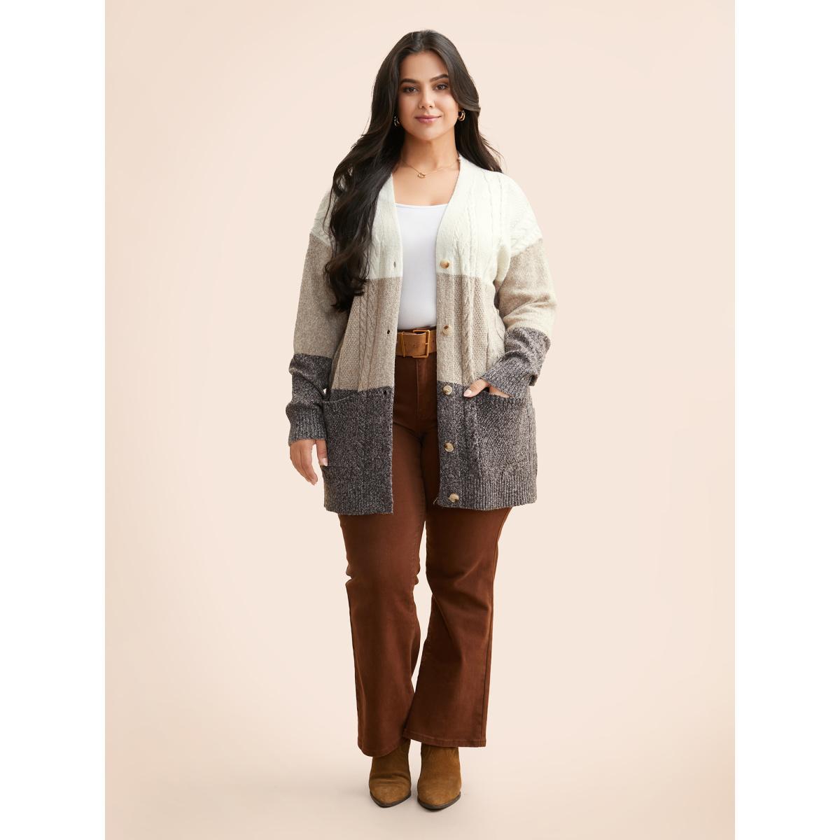 Plus Size Colorblock Contrast Cable Knit Cardigan Browncoffeecolor Women Casual Loose Long Sleeve Everyday Cardigans BloomChic 18-20/2X Product Image