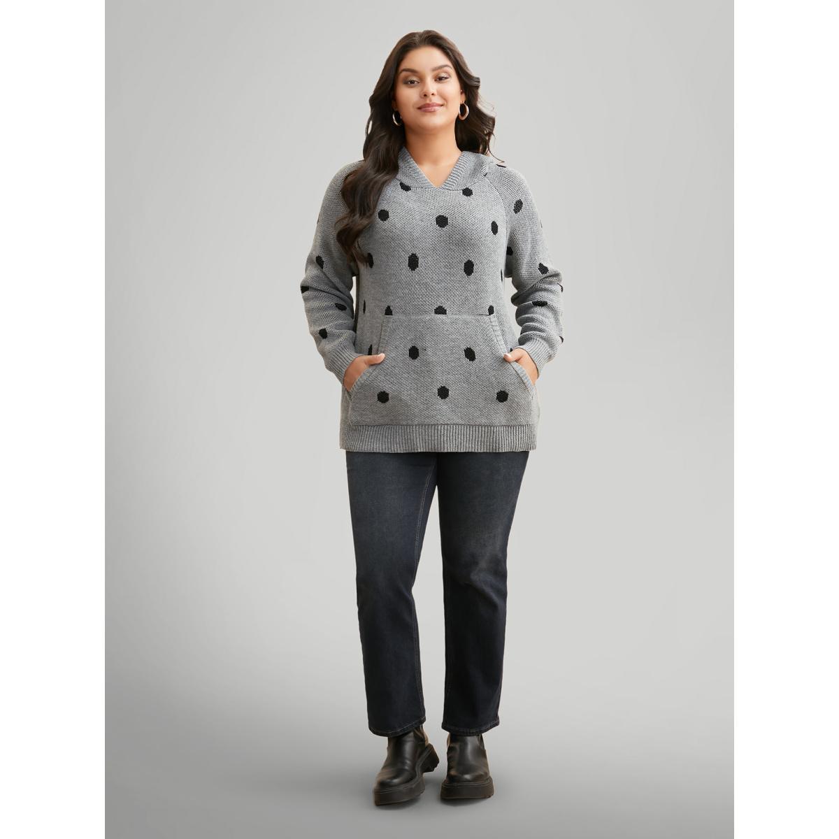 Plus Size Polka Dot Hooded Patch Pocket Pullover Mediumgray Women Casual Loose Long Sleeve Hooded Everyday Pullovers BloomChic 12/L Product Image