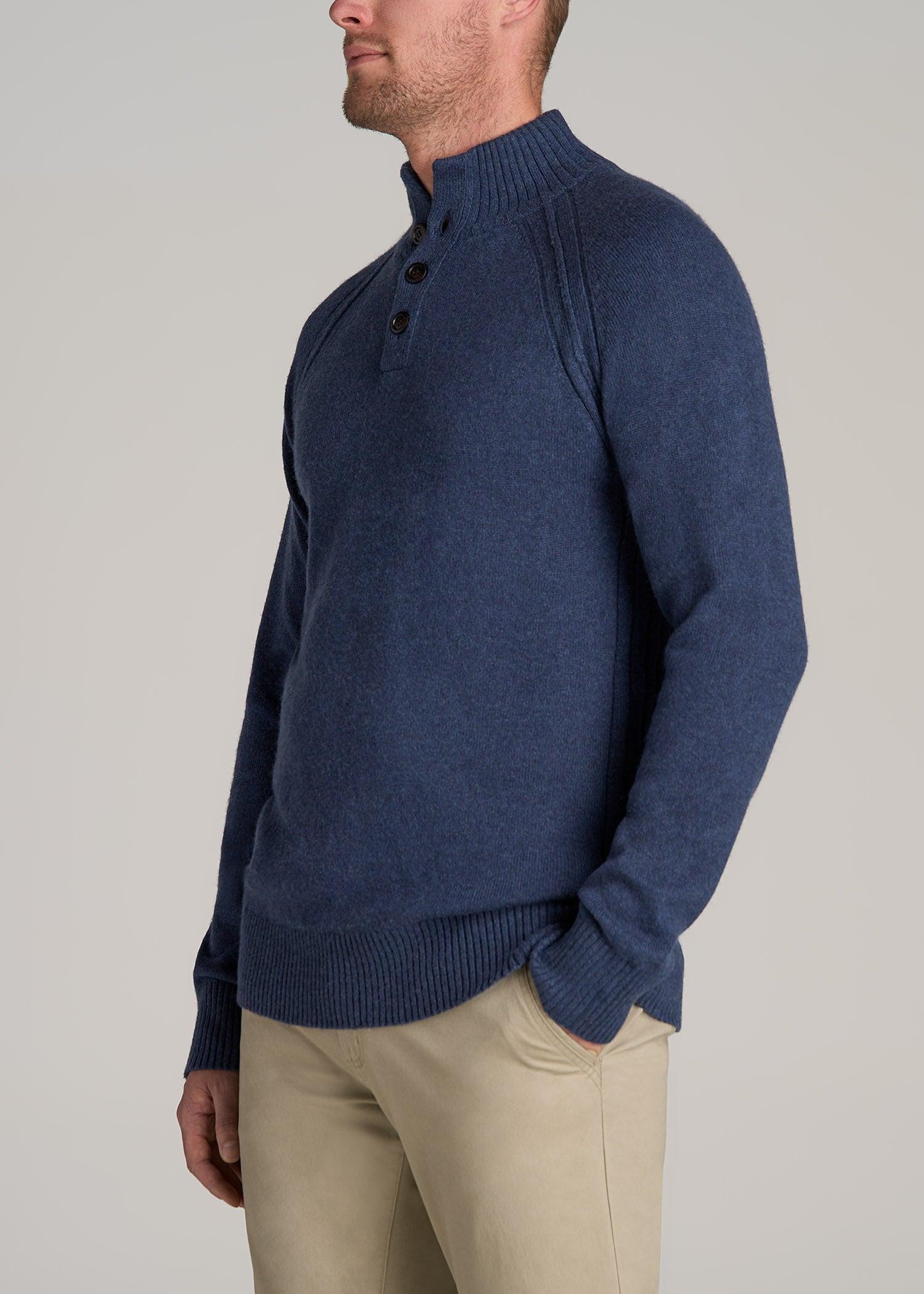 Three Button Mock Neck Tall Men's Sweater in Deep Cobalt Mix Product Image