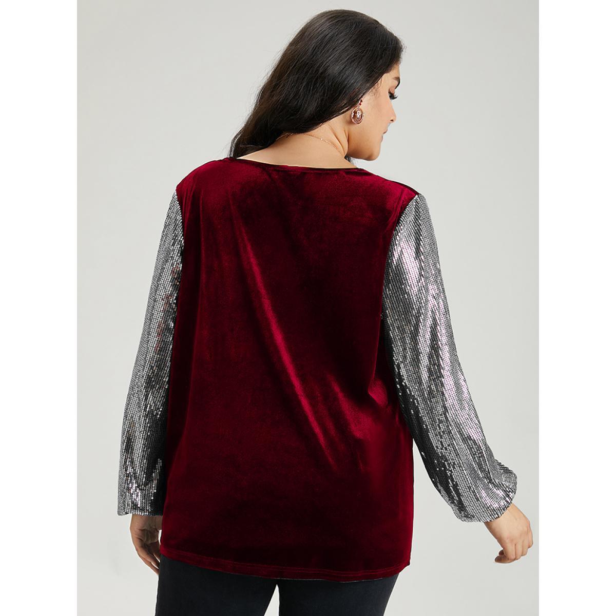 Plus Size Sequin Patchwork V Neck Lantern Sleeve Sweatshirt Women Red Cocktail Elastic cuffs V-neck Party Sweatshirts BloomChic 28/5X Product Image