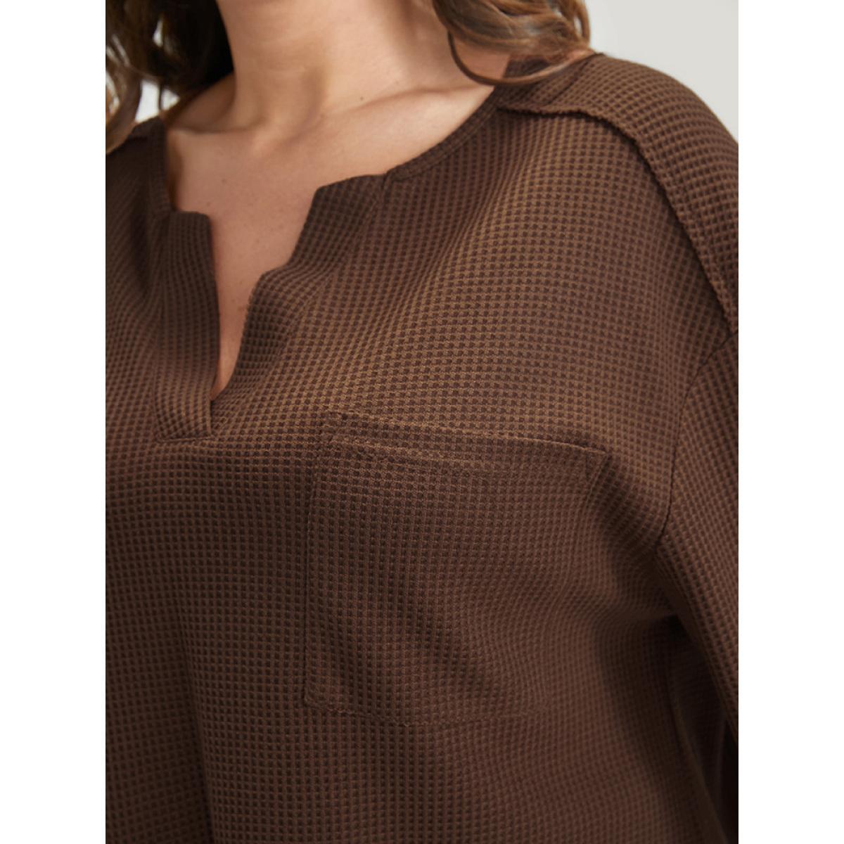 Plus Size Solid Pocket Notched Waffle Knit Sweatshirt Women DarkBrown Elegant Pocket V-neck Dailywear Sweatshirts BloomChic 22-24/3X Product Image
