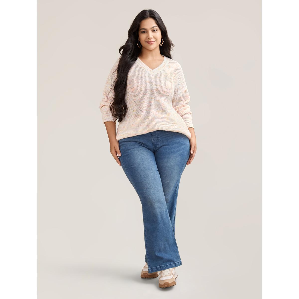Plus Size Ribbed Texture V-Neck Fitted Pullover Ivory Women Casual Loose Long Sleeve V-neck Everyday Pullovers BloomChic 12/L Product Image