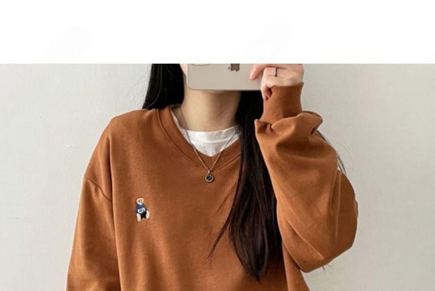 V-Neck Bear Embroidered Sweatshirt Product Image