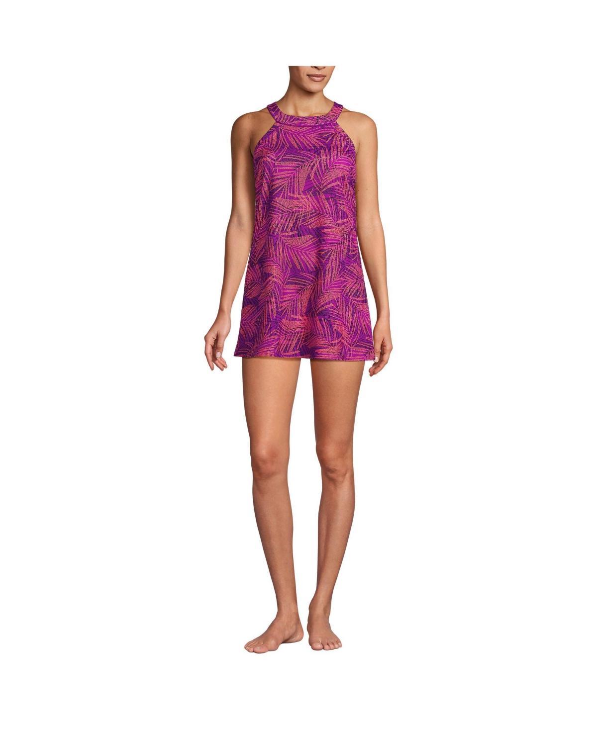 Womens Lands End UPF 50 High Neck One-Piece Swim Dress Blue Team Stripe Product Image