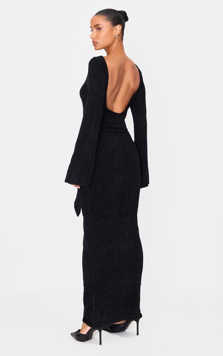 Black Soft Textured Knit Open Back Tie Waist Maxi Dress Product Image